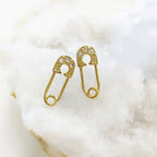Gold Plated Shimmering Safety Pin Stud CZ Pave Earring Sold As Pair (2pc)