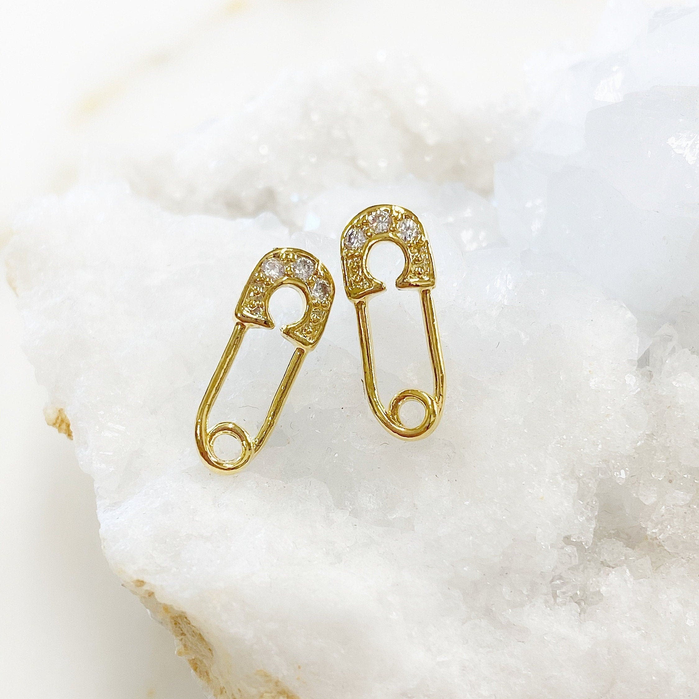 Gold Plated Shimmering Safety Pin Stud CZ Pave Earring Sold As Pair (2pc)