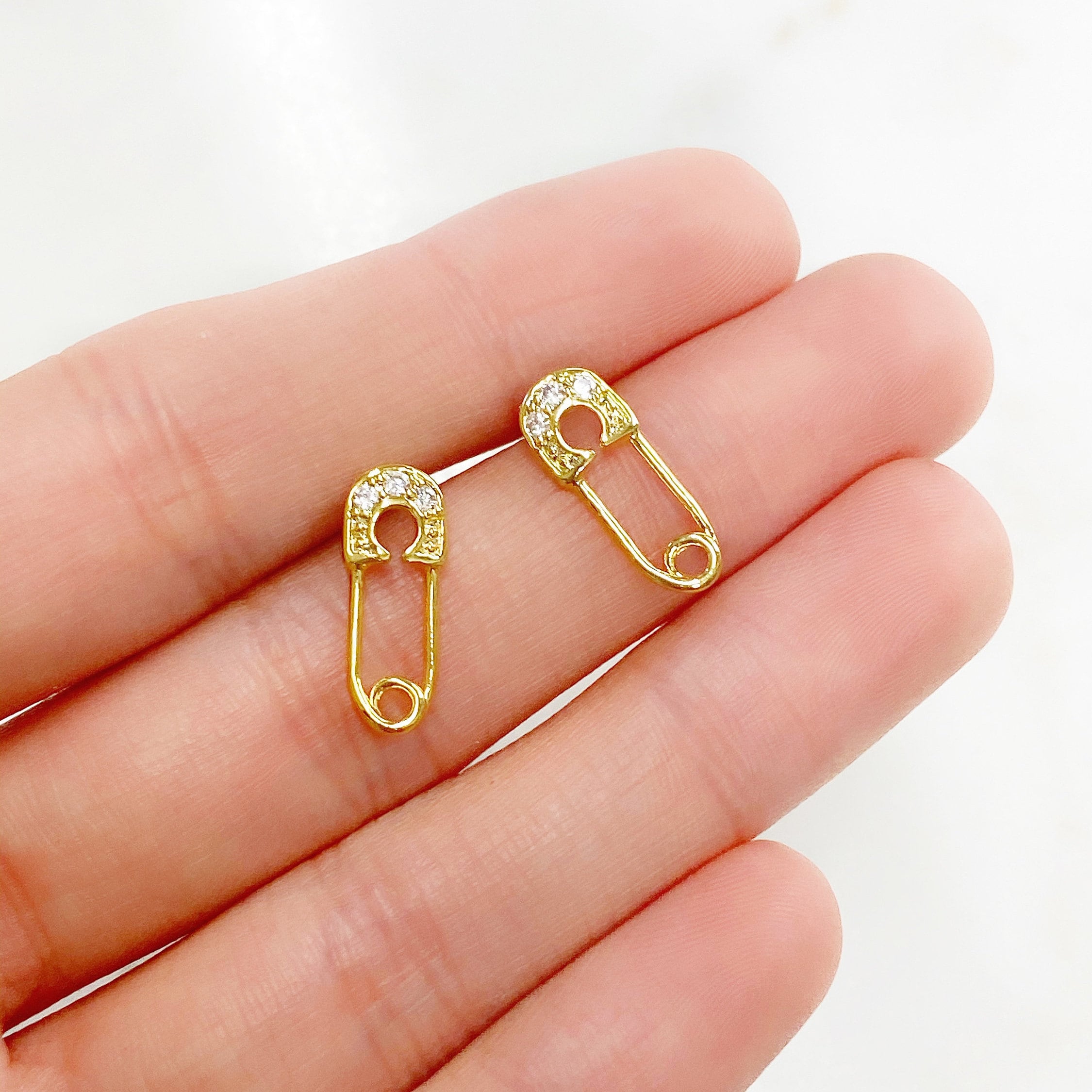 Gold Plated Shimmering Safety Pin Stud CZ Pave Earring Sold As Pair (2pc)