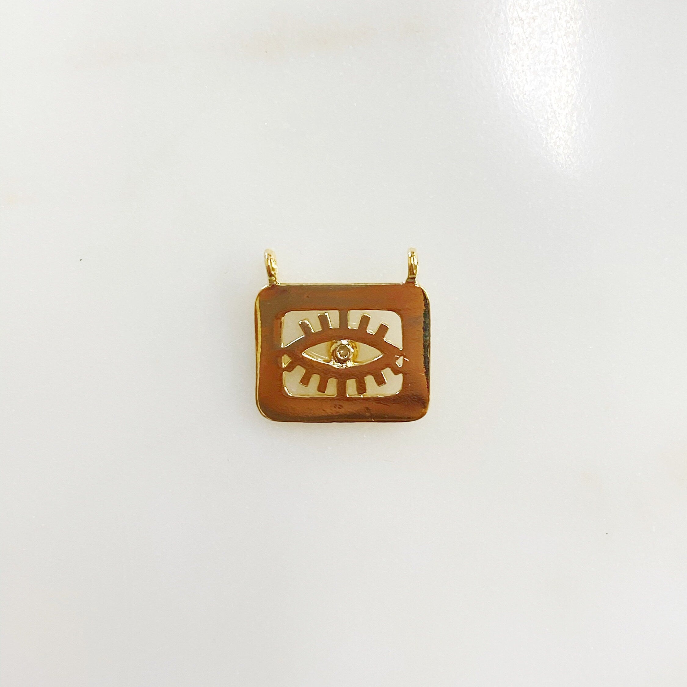Gold Plated Rectangle CZ Evil Eye Charm Cubic Zirconia Protector