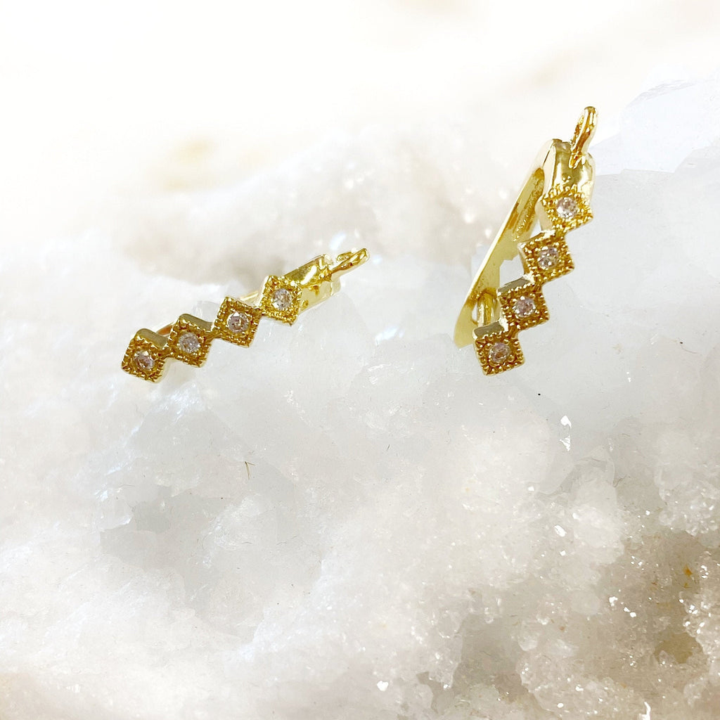 Gold Plated Shimmering Diamond Shaped CZ Square Hoop Earrings (2pc)