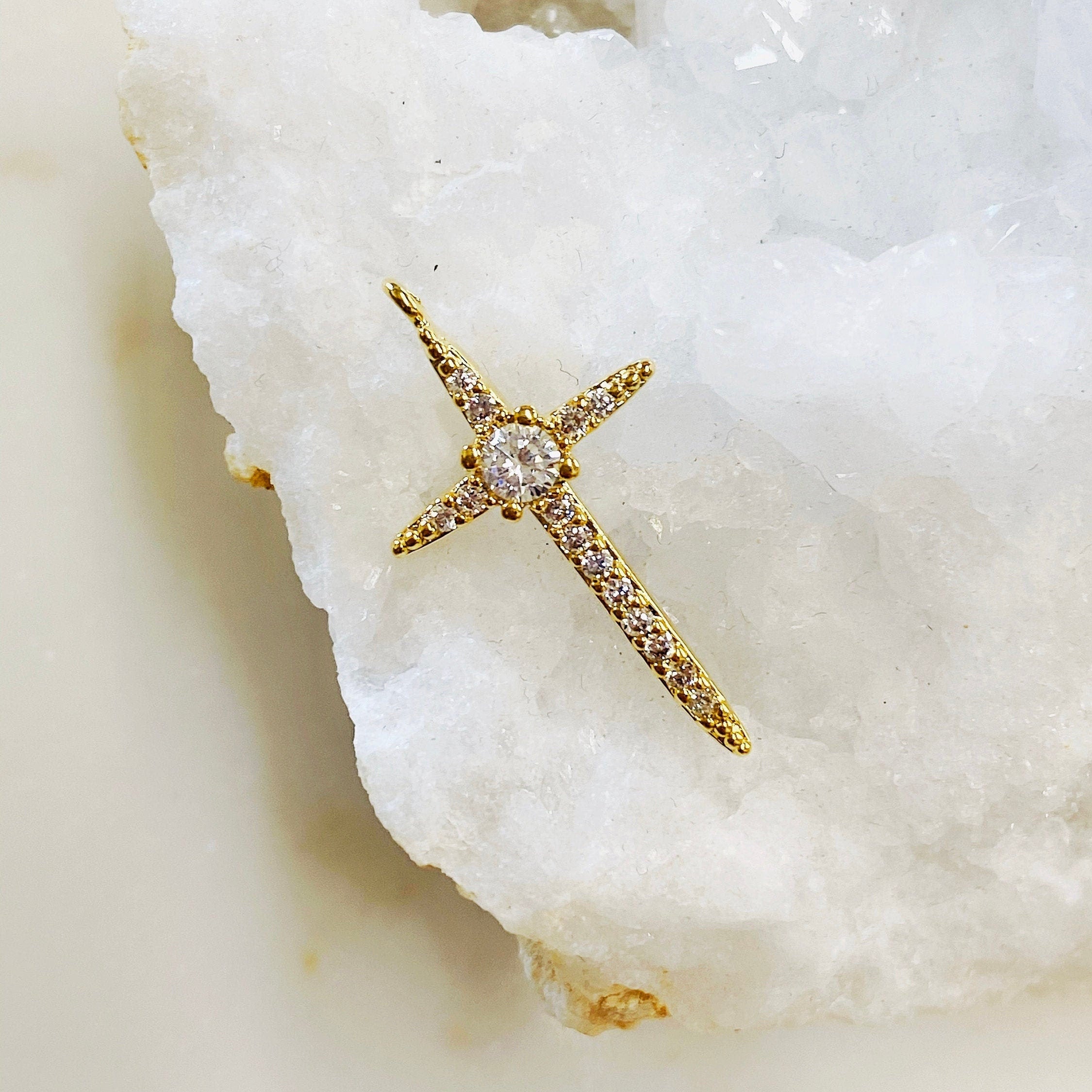 Gold Plated Long Cubic Zirconia Cross Charm Religious Charm Pendant