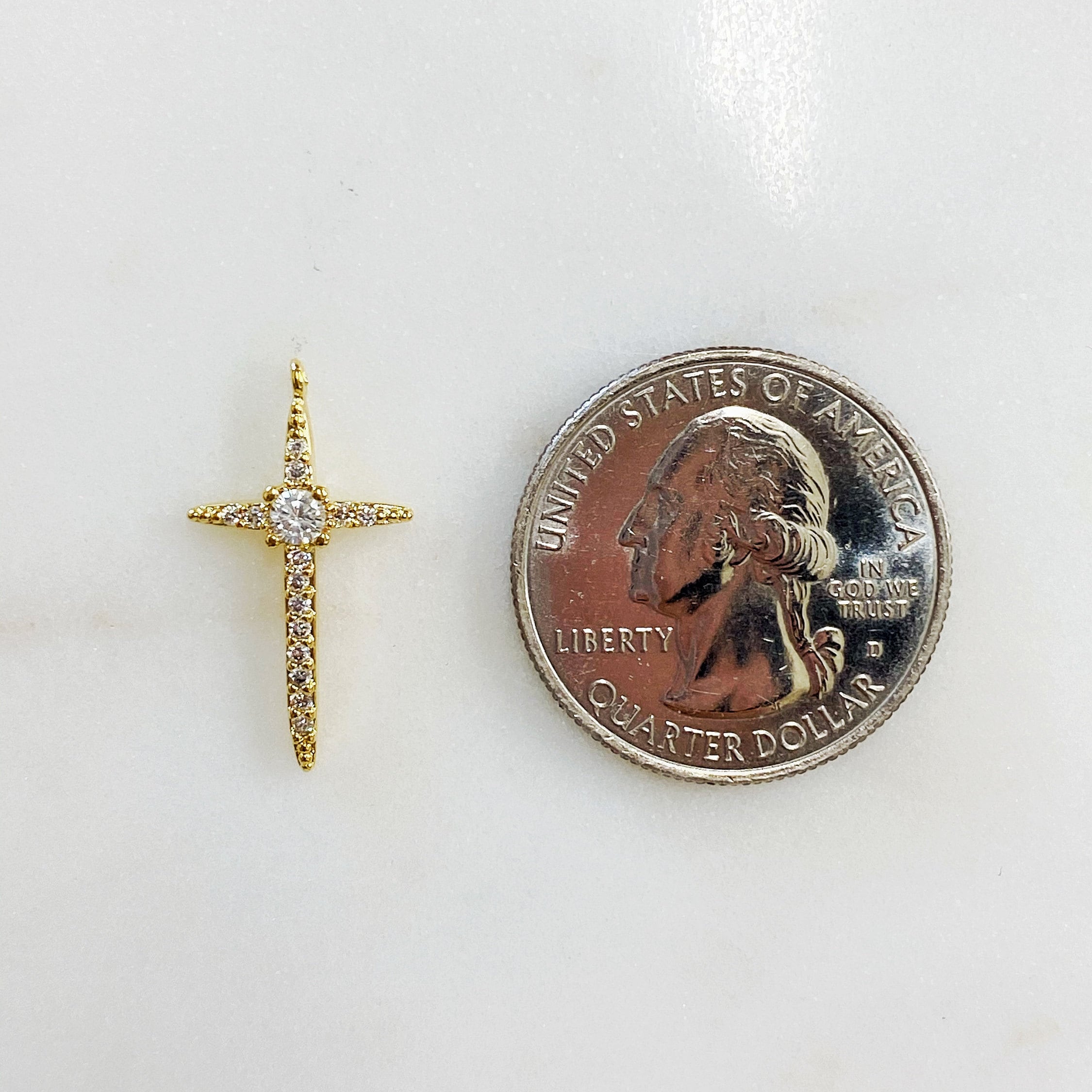 Gold Plated Long Cubic Zirconia Cross Charm Religious Charm Pendant – Gold