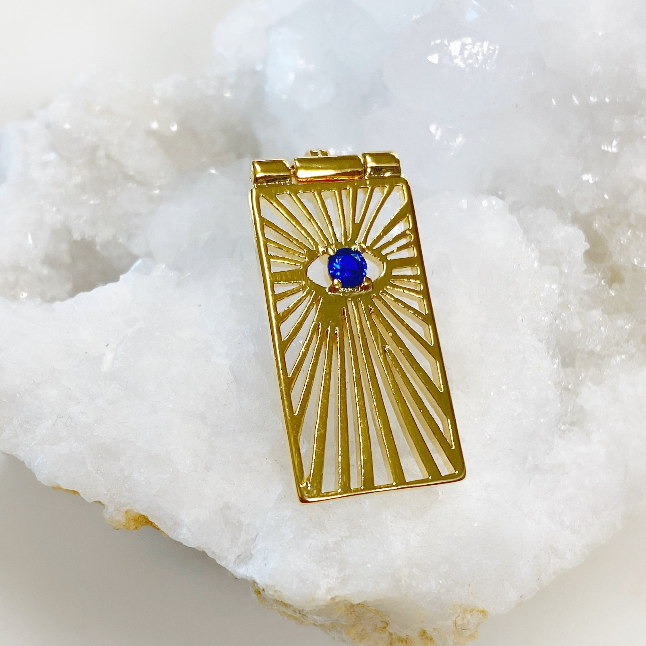 Gold Plated Rectangle Evil Eye Charm with Blue Round Crystal