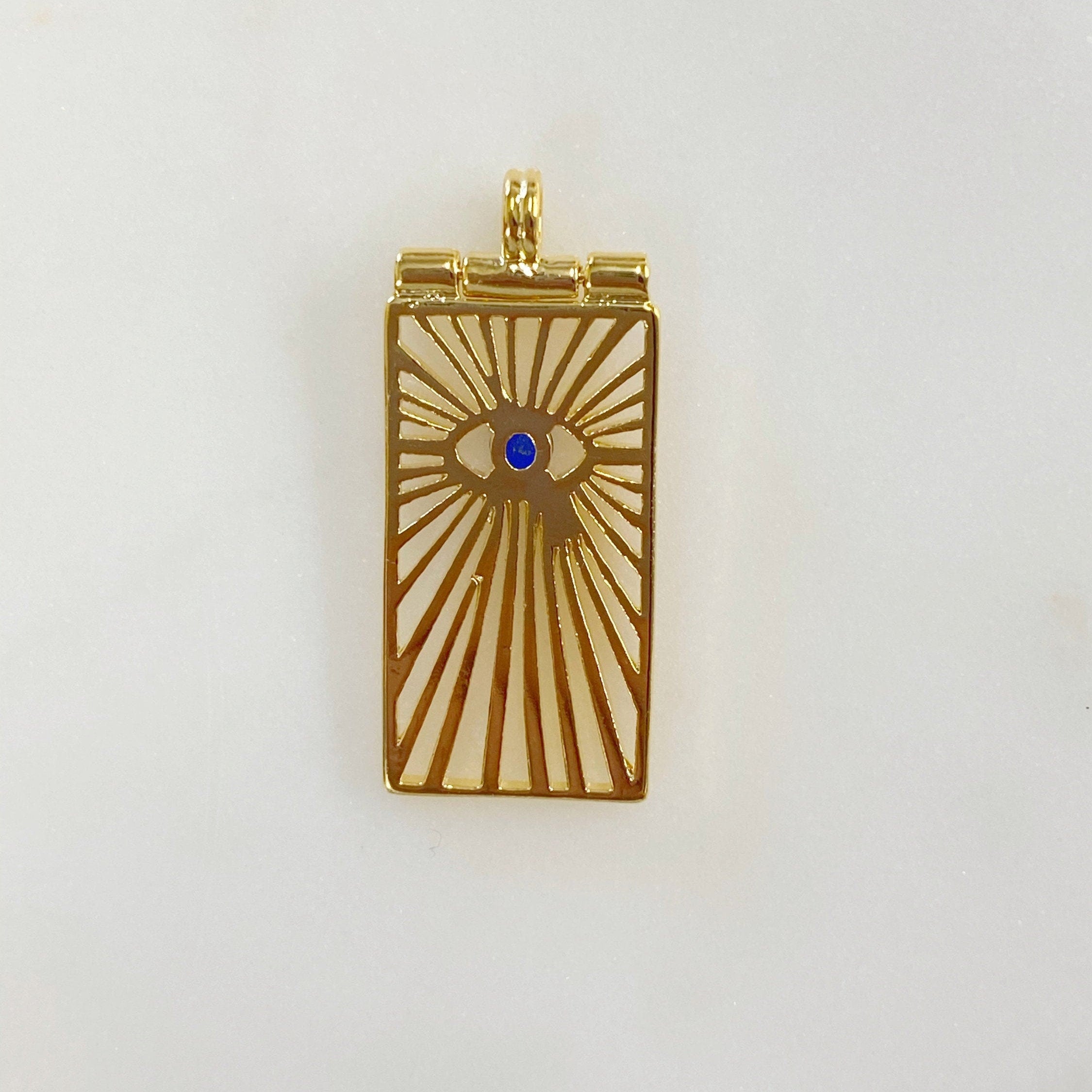Gold Plated Rectangle Evil Eye Charm with Blue Round Crystal