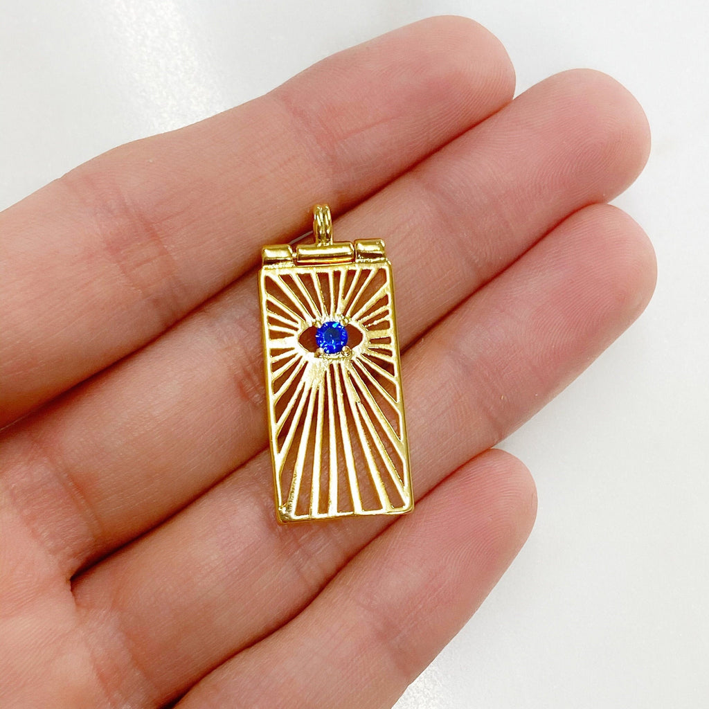 Gold Plated Rectangle Evil Eye Charm with Blue Round Crystal
