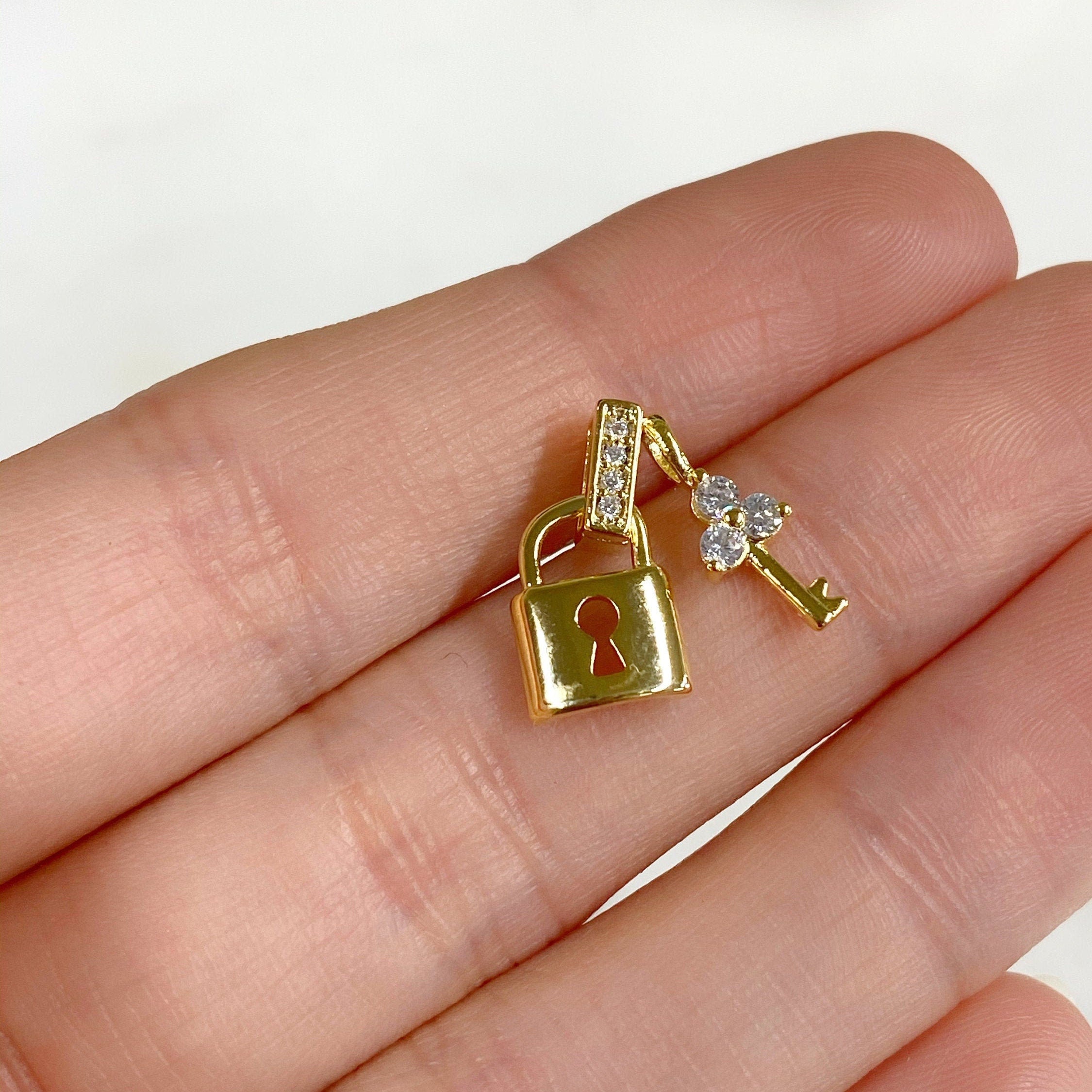 Gold Plated Lock and Key CZ Pave Charm Lock CZ Key and Hook 1 Piece
