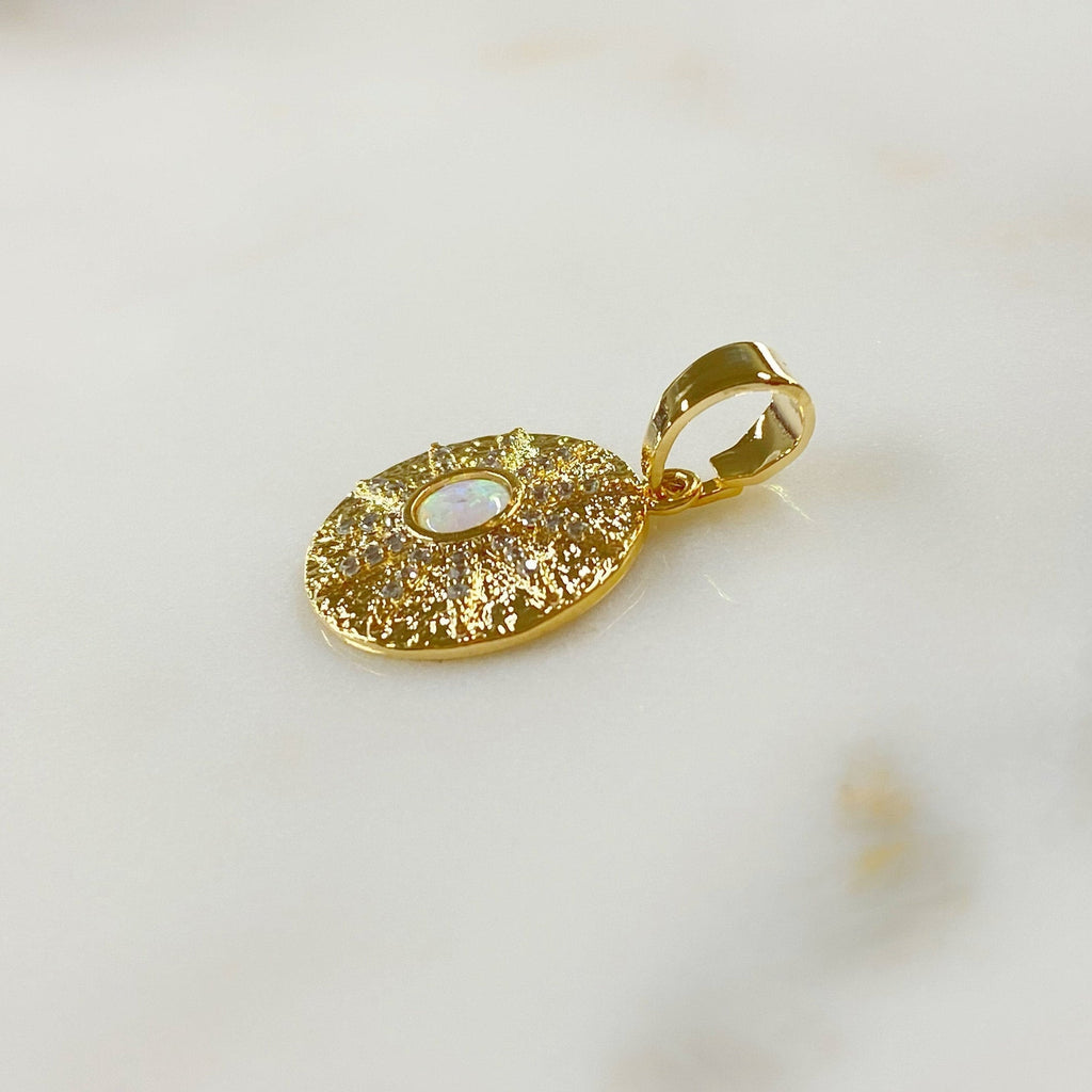 Gold Plated 10 Point CZ Pave Charm Lab Created Opal Drop CZ Sun