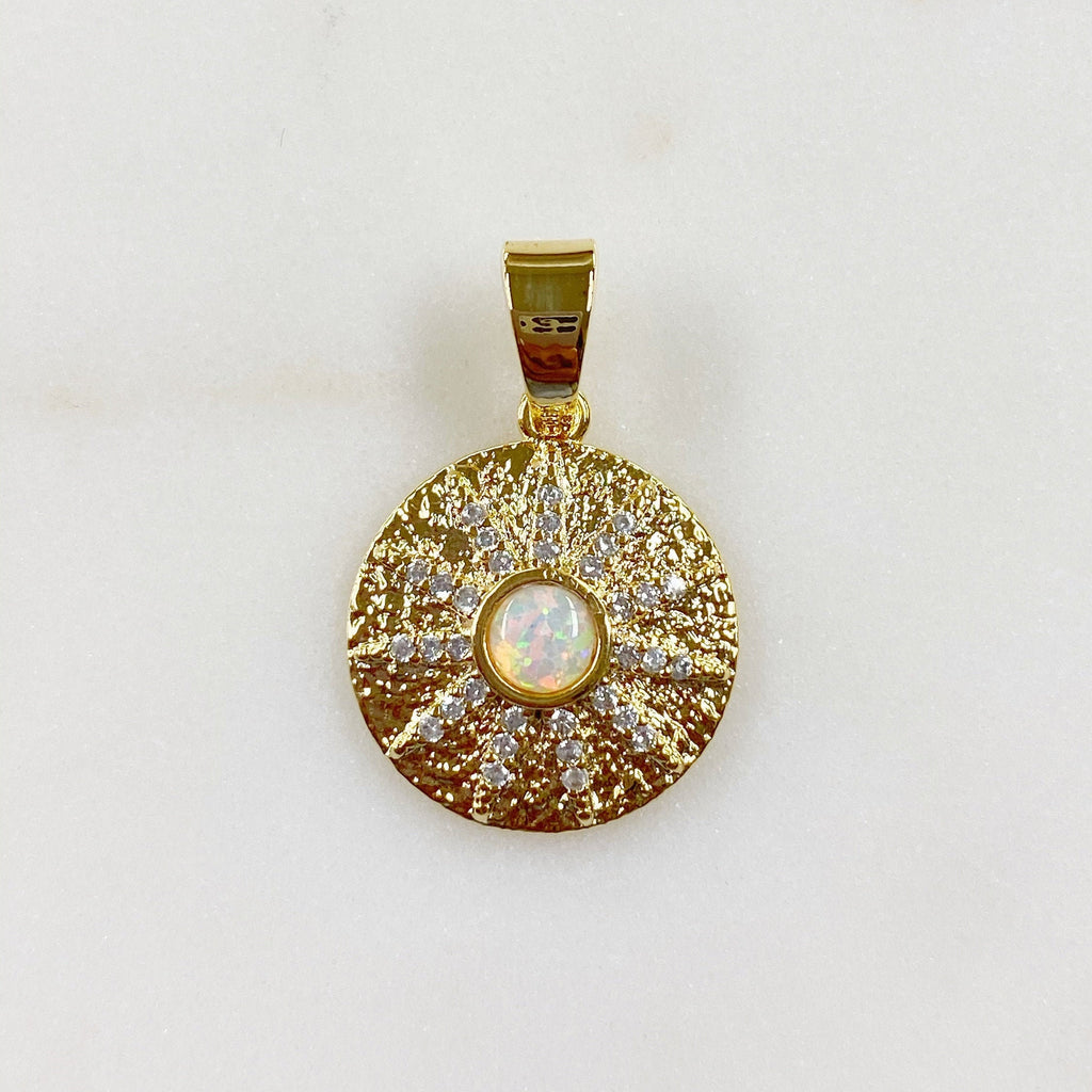 Gold Plated 10 Point CZ Pave Charm Lab Created Opal Drop CZ Sun
