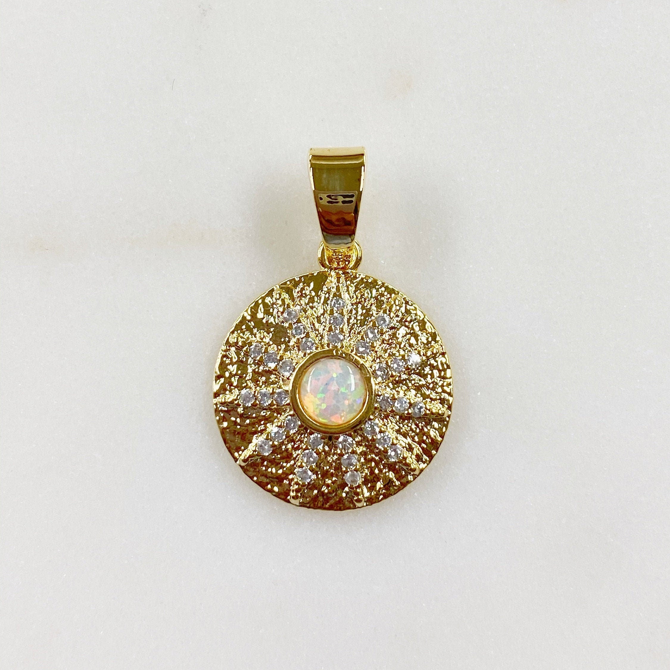 Gold Plated 10 Point CZ Pave Charm Lab Created Opal Drop CZ Sun