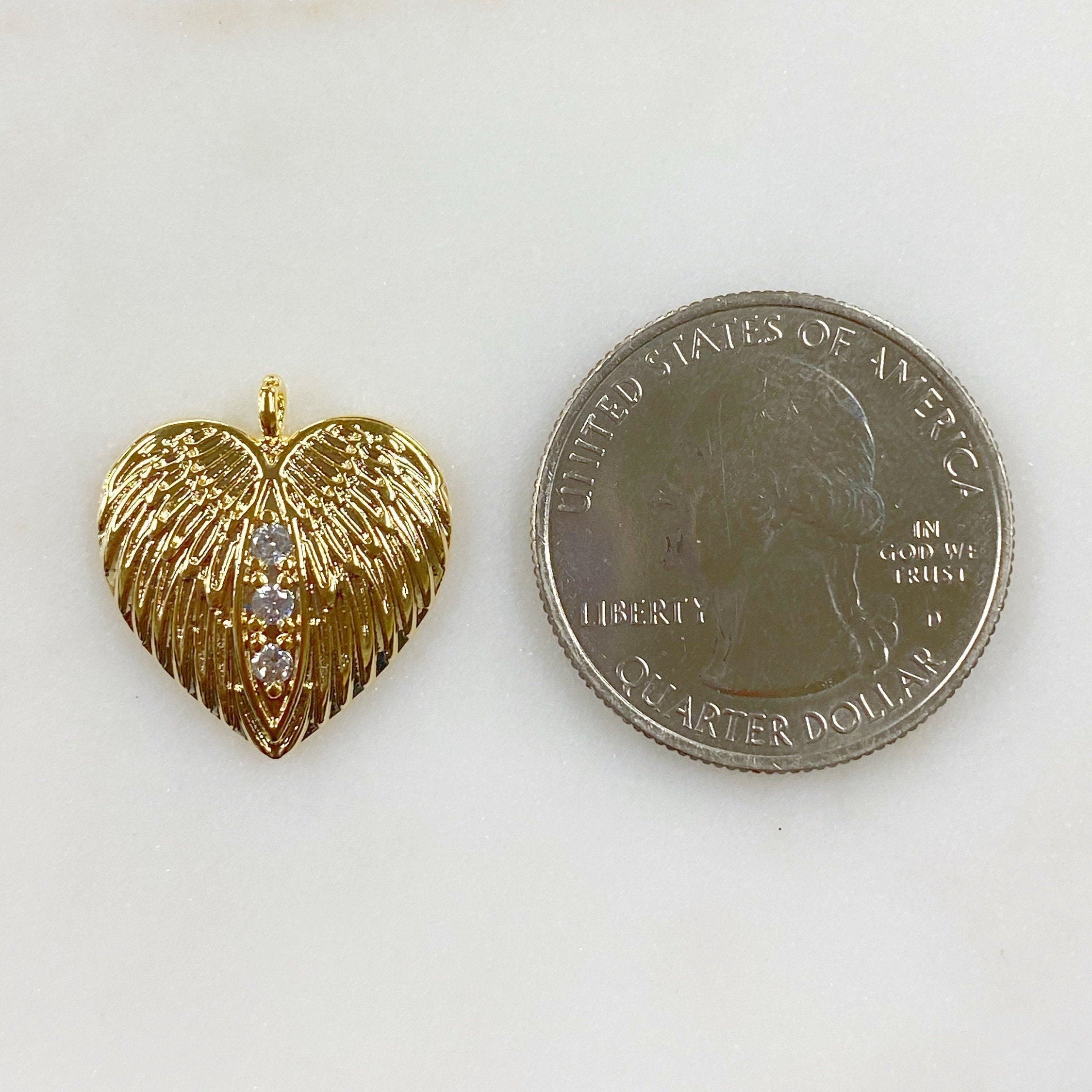 Gold Plated Angel Wing CZ Pave Heart Charm Textured Concaved Heart – Gold
