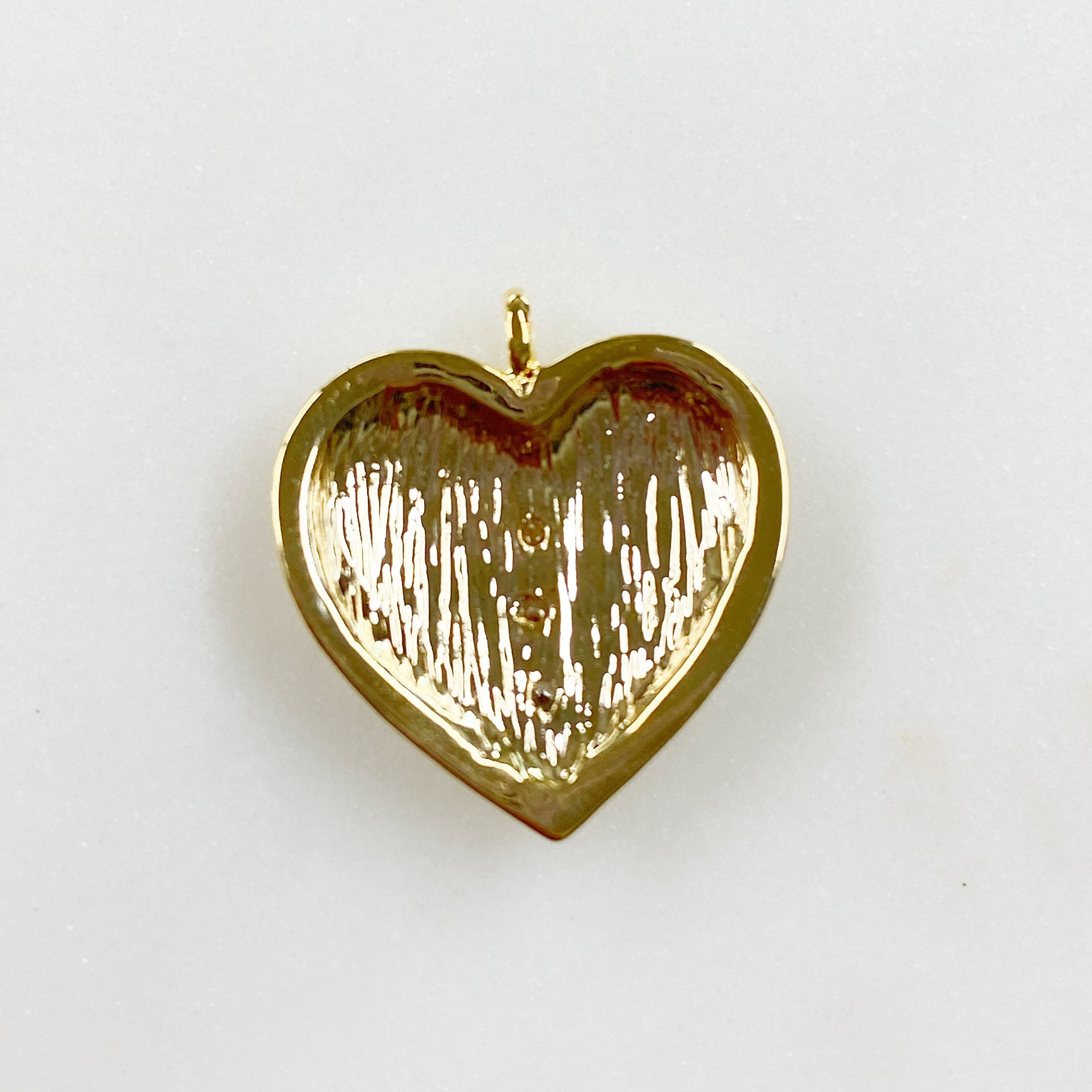 Gold Plated Angel Wing CZ Pave Heart Charm Textured Concaved Heart