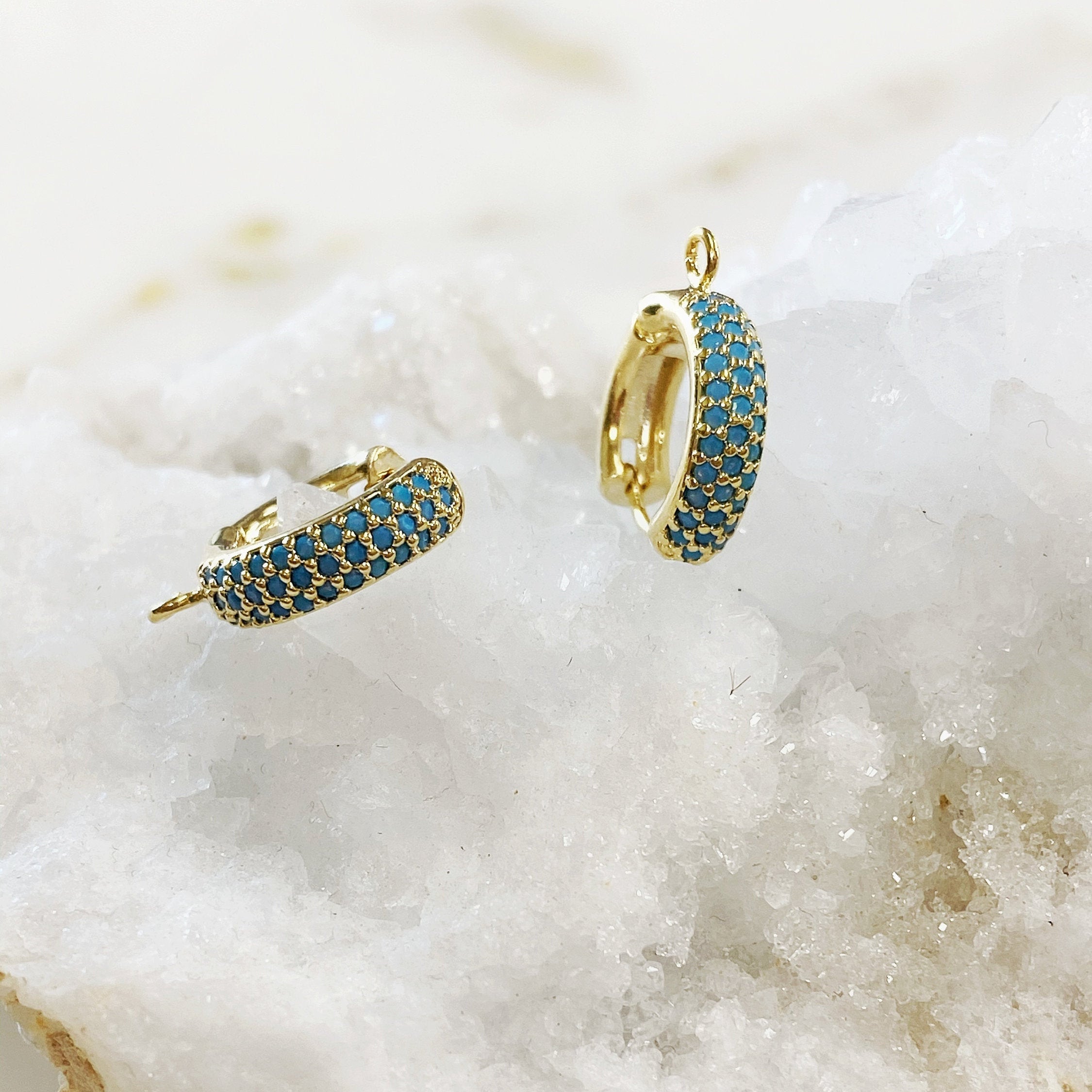 Gold Plated Shimmering CZ Pave Turquoise Hoop Earrings Earring Hoop (2pc)