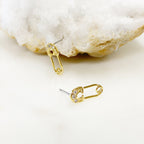 Gold Plated Shimmering Safety Pin Stud CZ Pave Earring Sold As Pair (2pc)