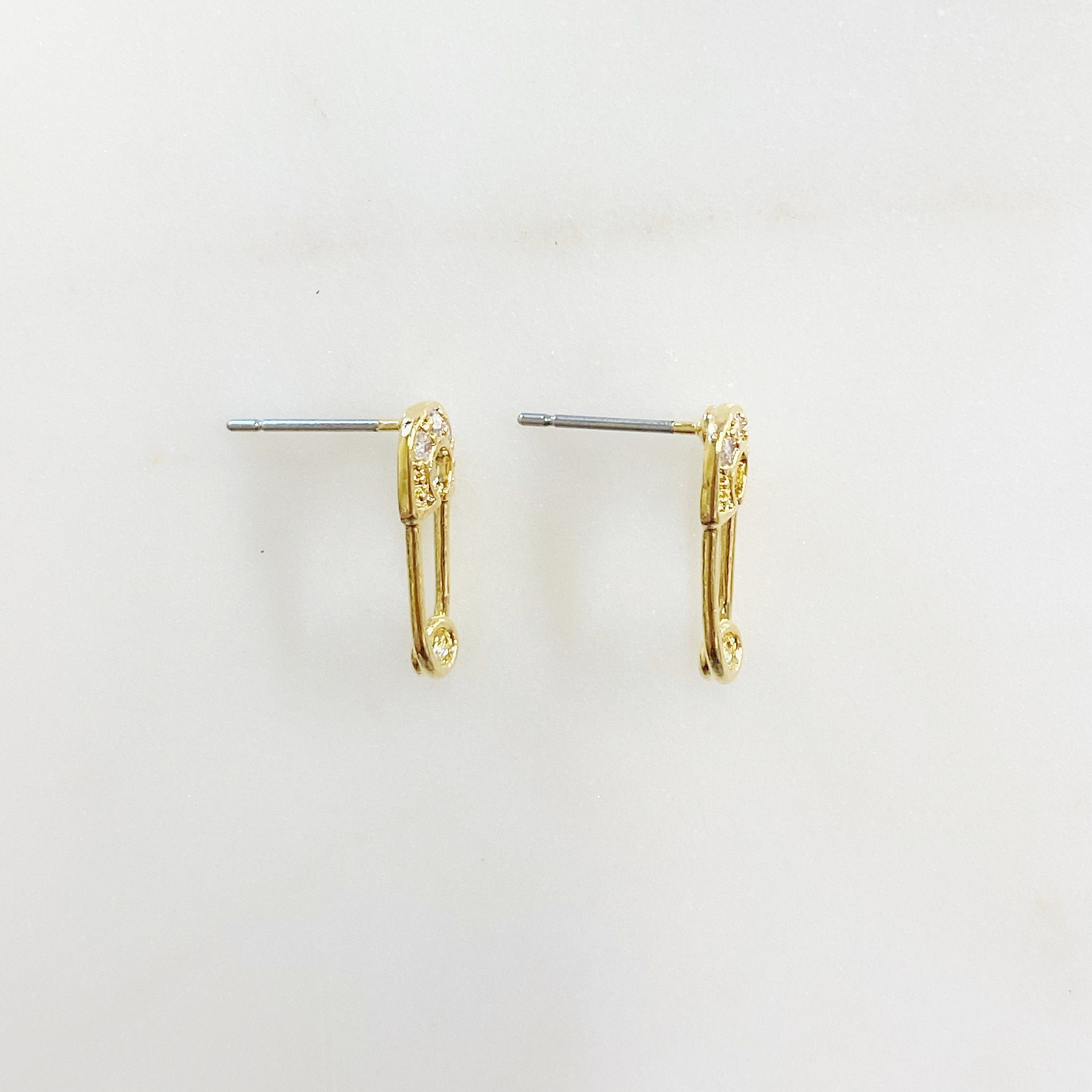 Gold Plated Shimmering Safety Pin Stud CZ Pave Earring Sold As Pair (2pc)