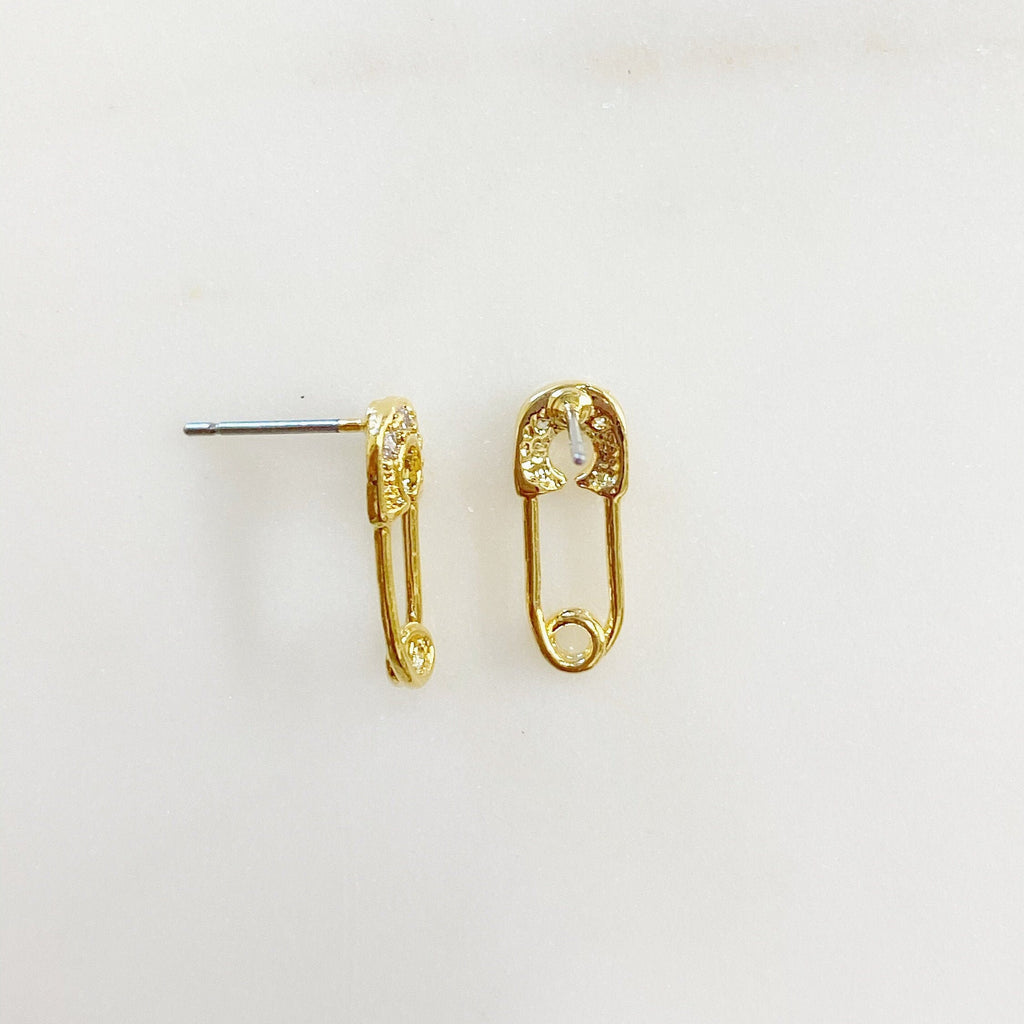 Gold Plated Shimmering Safety Pin Stud CZ Pave Earring Sold As Pair (2pc)