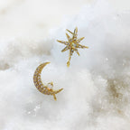 Gold Plated Gold CZ Crescent Moon with Round Opal & Gold CZ 8 Point (2pc)