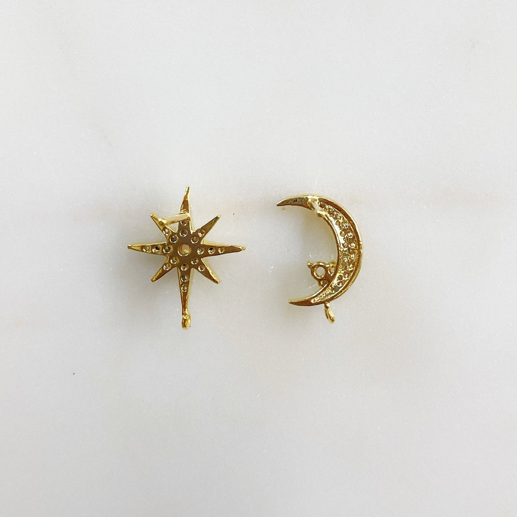Gold Plated Gold CZ Crescent Moon with Round Opal & Gold CZ 8 Point (2pc)