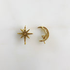 Gold Plated Gold CZ Crescent Moon with Round Opal & Gold CZ 8 Point (2pc)
