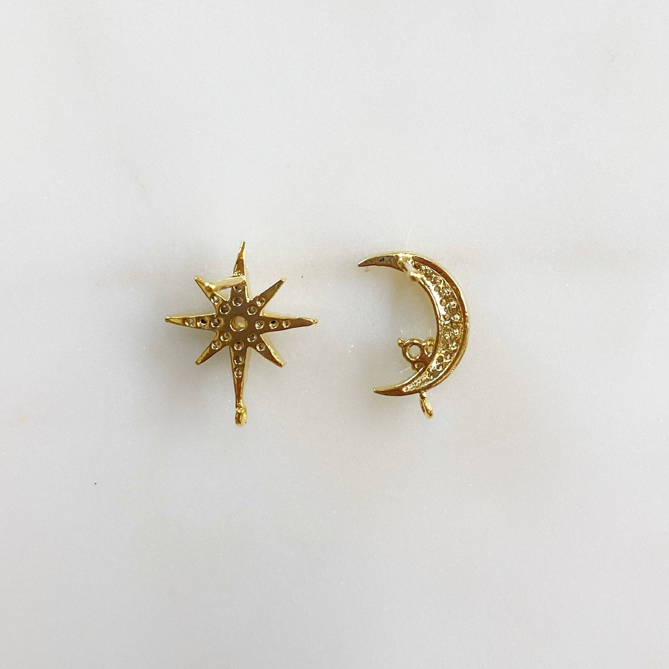 Gold Plated Gold CZ Crescent Moon with Round Opal & Gold CZ 8 Point (2pc)
