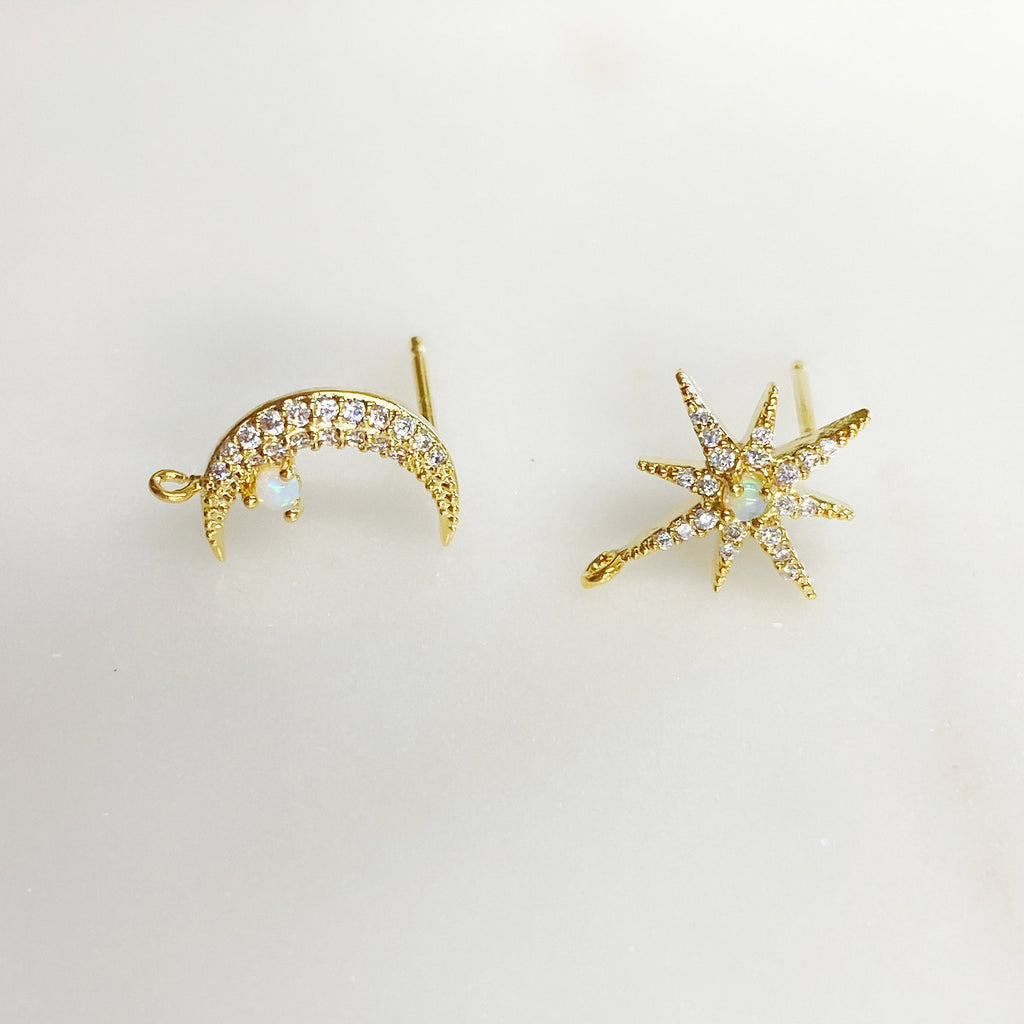 Gold Plated Gold CZ Crescent Moon with Round Opal & Gold CZ 8 Point (2pc)