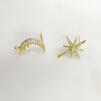 Gold Plated Gold CZ Crescent Moon with Round Opal & Gold CZ 8 Point (2pc)