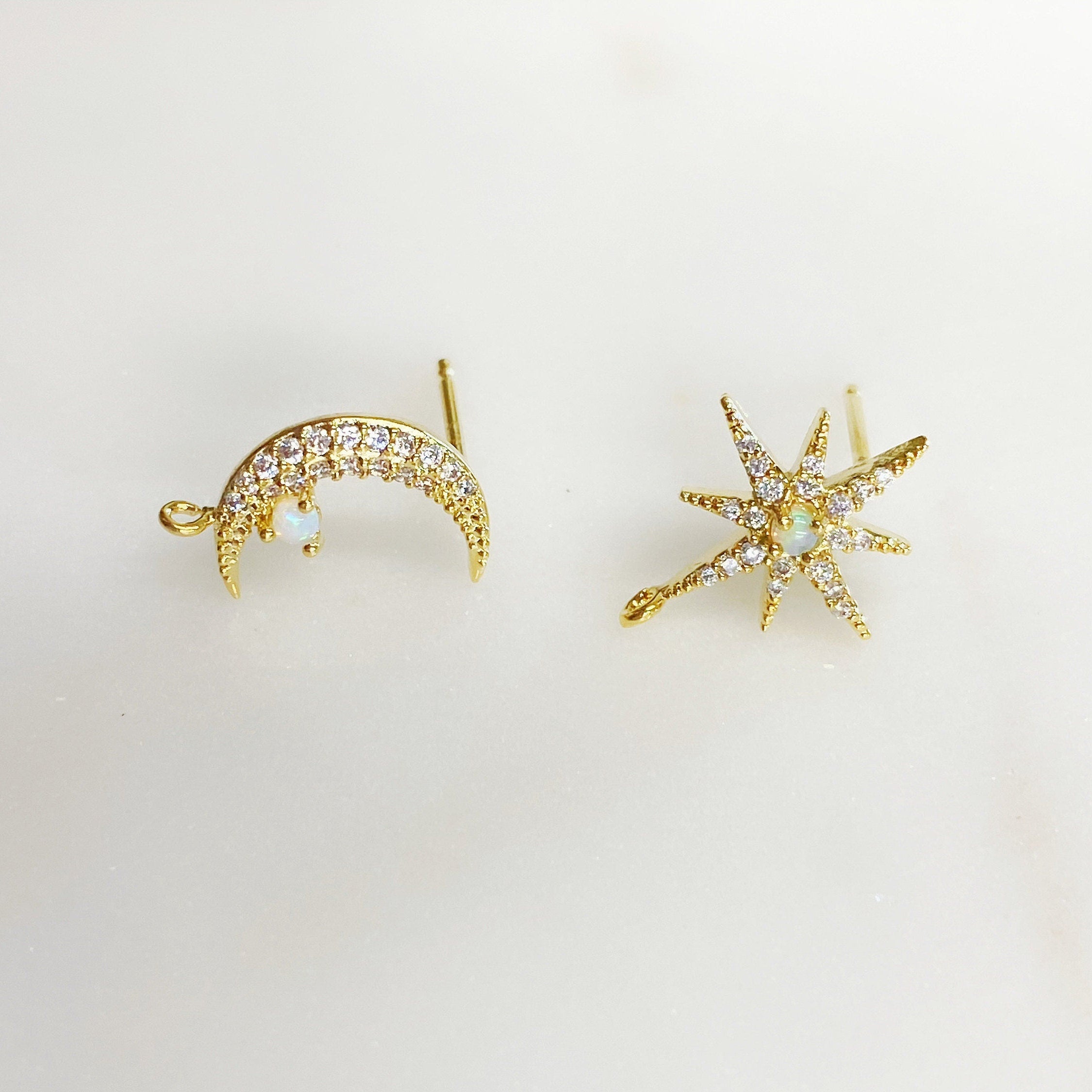 Gold Plated Gold CZ Crescent Moon with Round Opal & Gold CZ 8 Point (2pc)