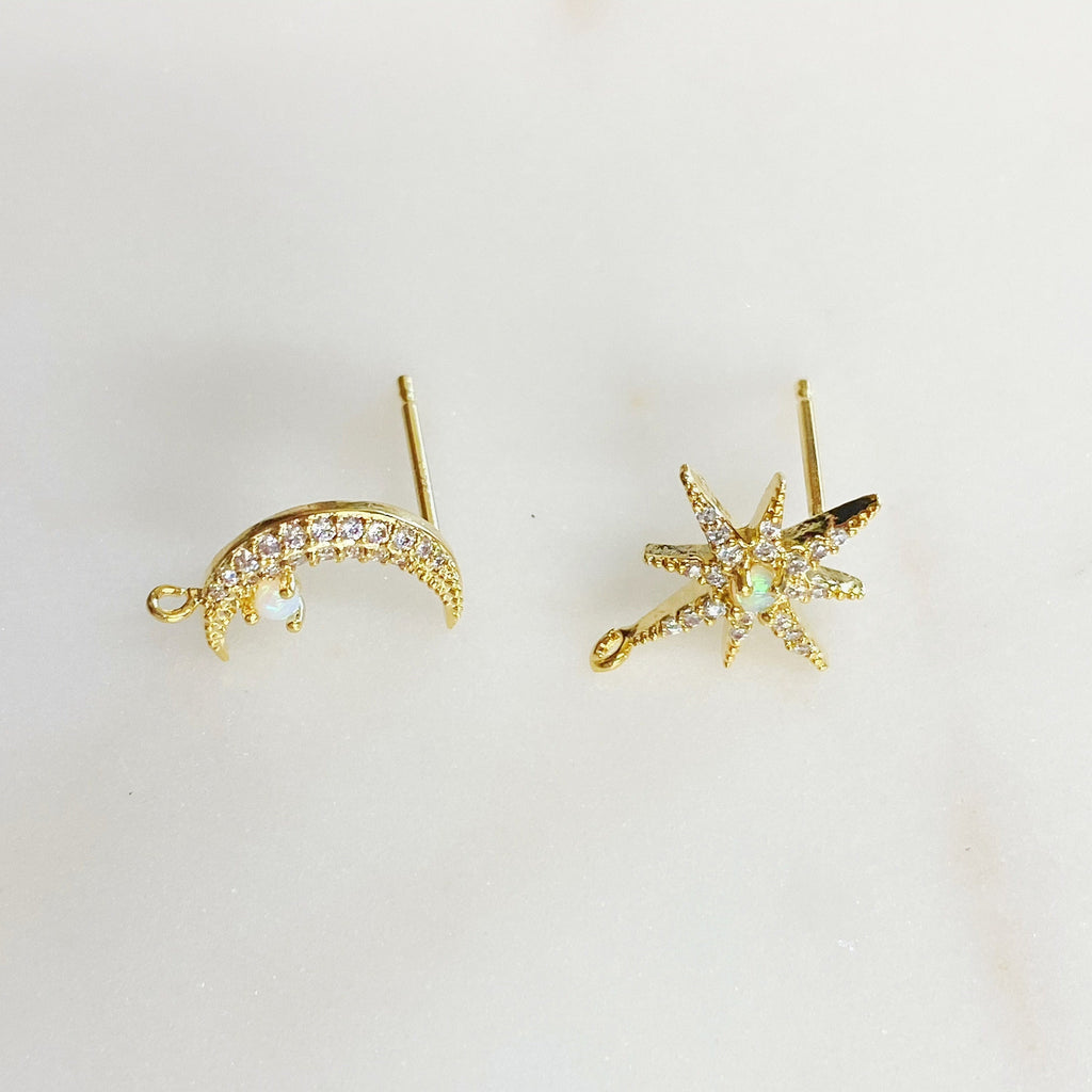 Gold Plated Gold CZ Crescent Moon with Round Opal & Gold CZ 8 Point (2pc)