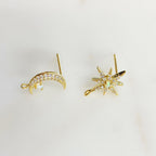 Gold Plated Gold CZ Crescent Moon with Round Opal & Gold CZ 8 Point (2pc)