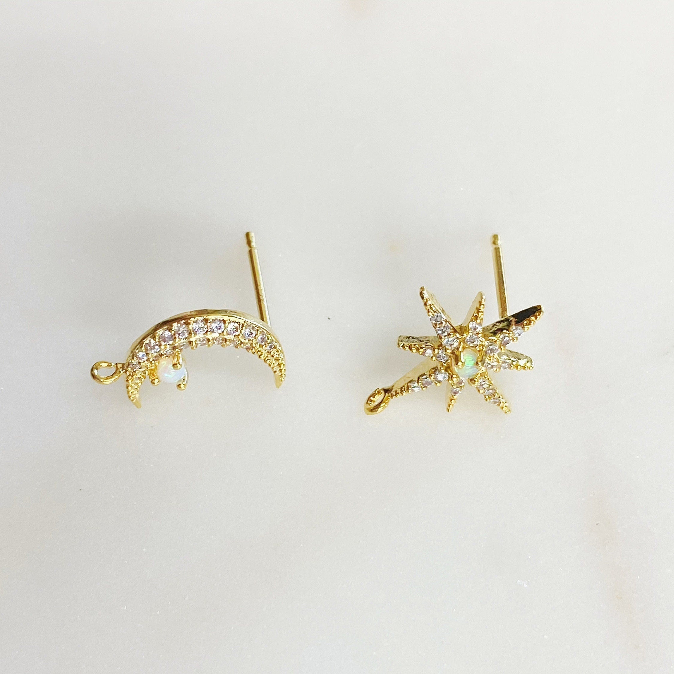 Gold Plated Gold CZ Crescent Moon with Round Opal & Gold CZ 8 Point (2pc)