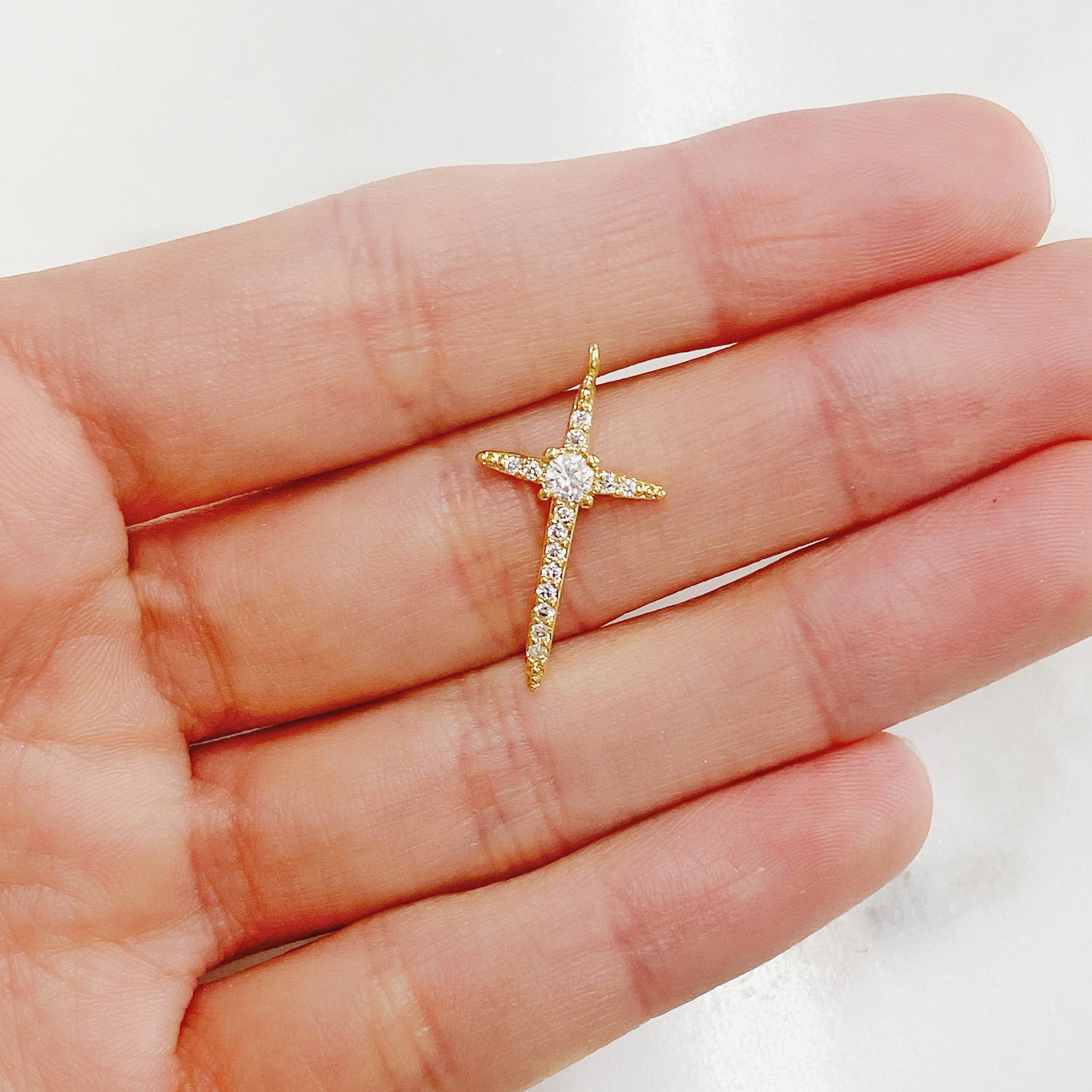 Gold Plated Long Cubic Zirconia Cross Charm Religious Charm Pendant – Gold