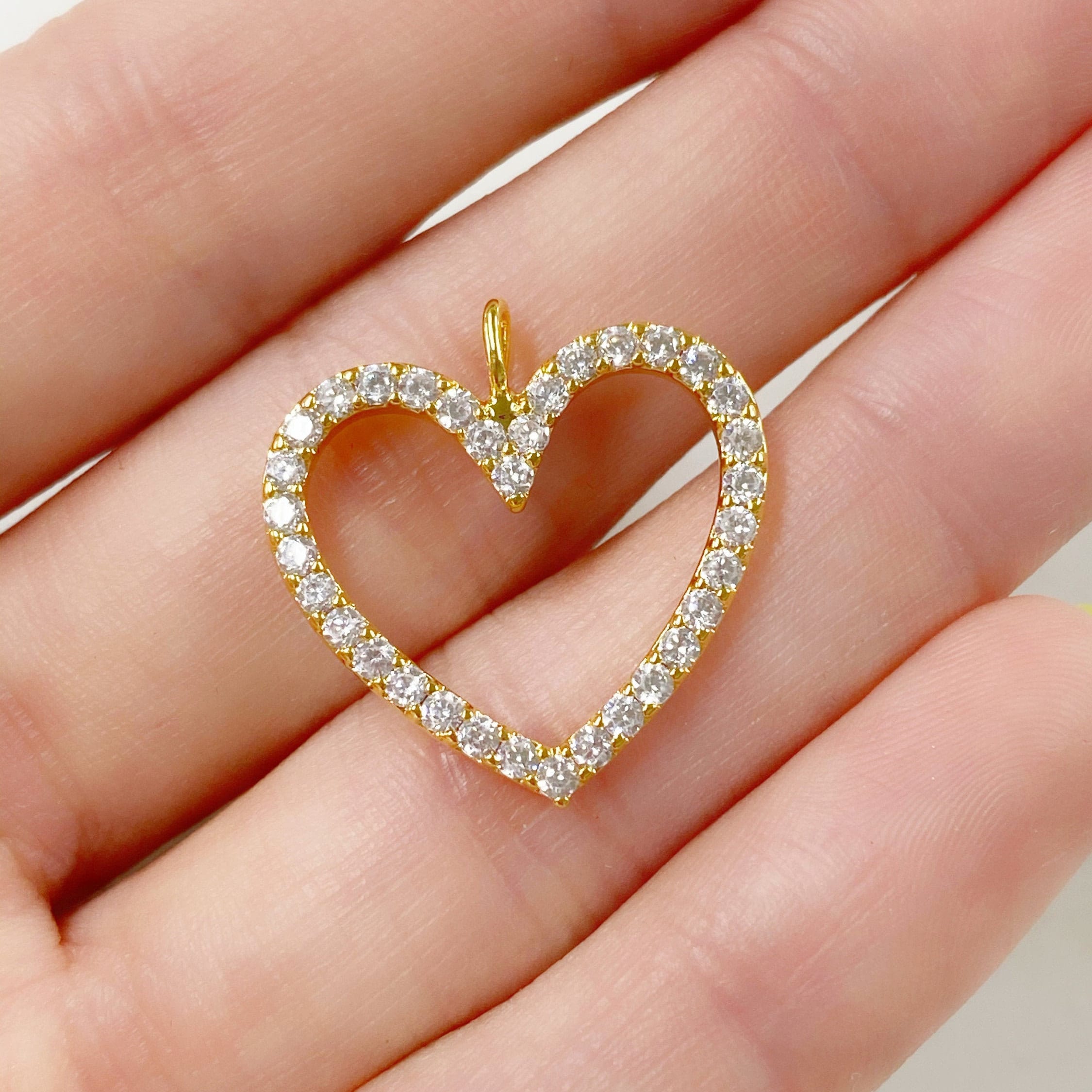 Gold Plated Sparkly Heart 16K Pendant Charm Cubic Zirconia Pave