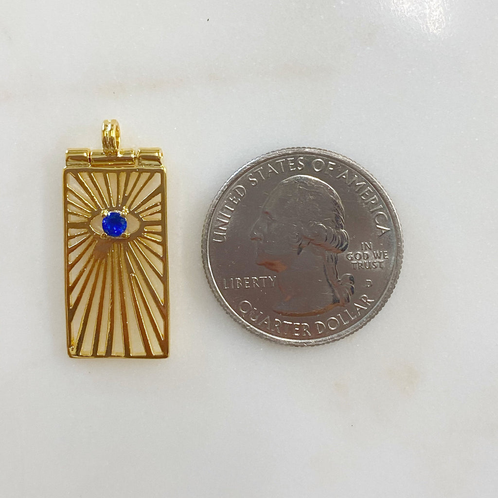 Gold Plated Rectangle Evil Eye Charm with Blue Round Crystal
