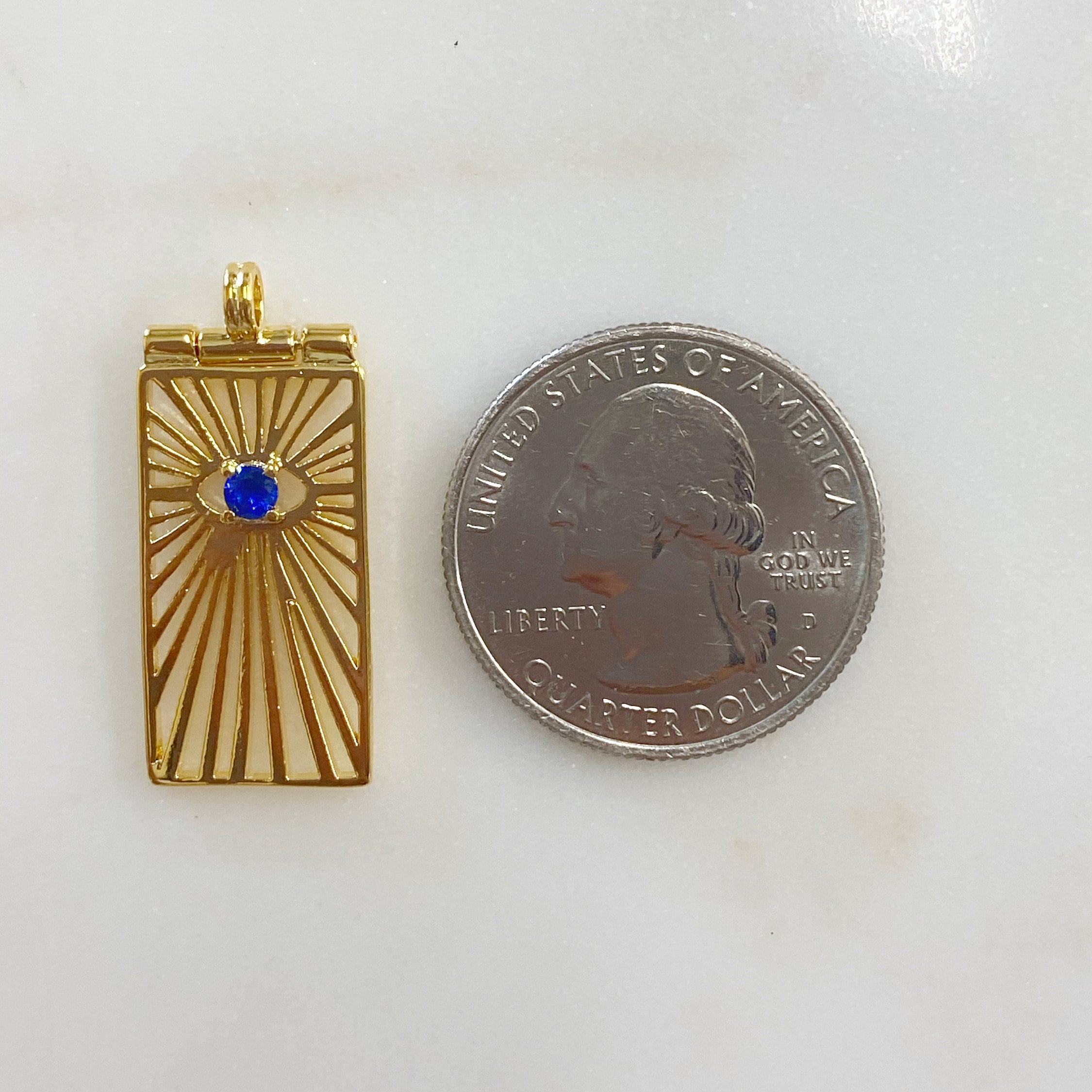Gold Plated Rectangle Evil Eye Charm with Blue Round Crystal