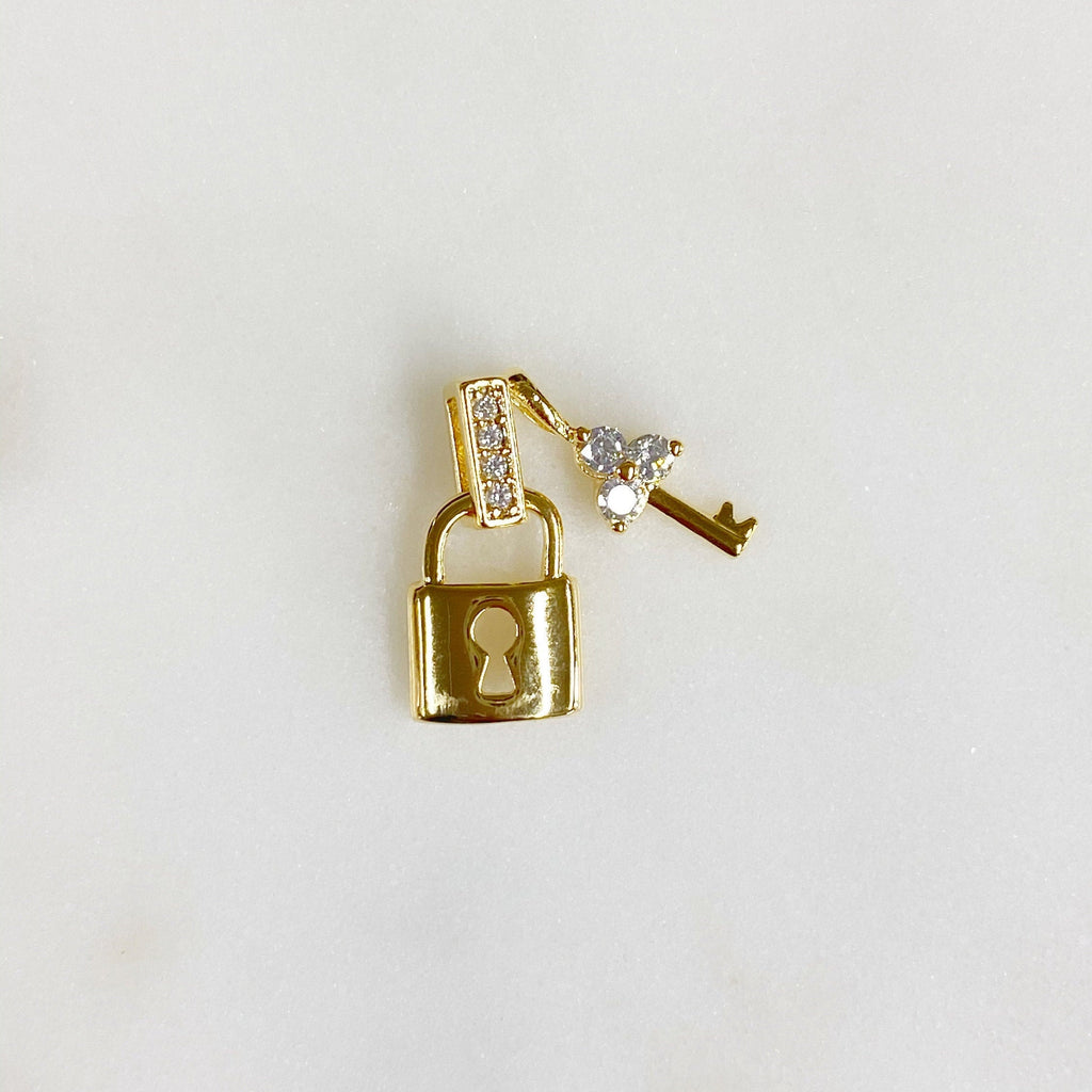 Gold Plated Lock and Key CZ Pave Charm Lock CZ Key and Hook 1 Piece