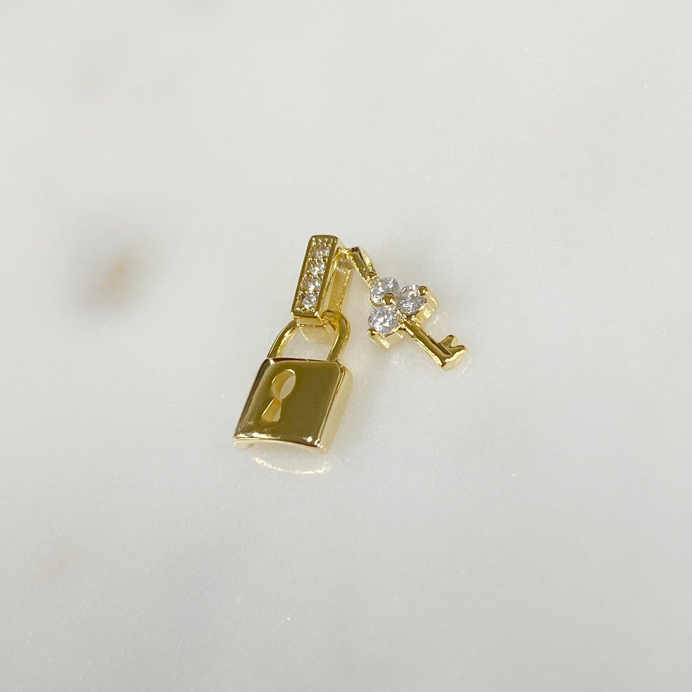 Gold Plated Lock and Key CZ Pave Charm Lock CZ Key and Hook 1 Piece