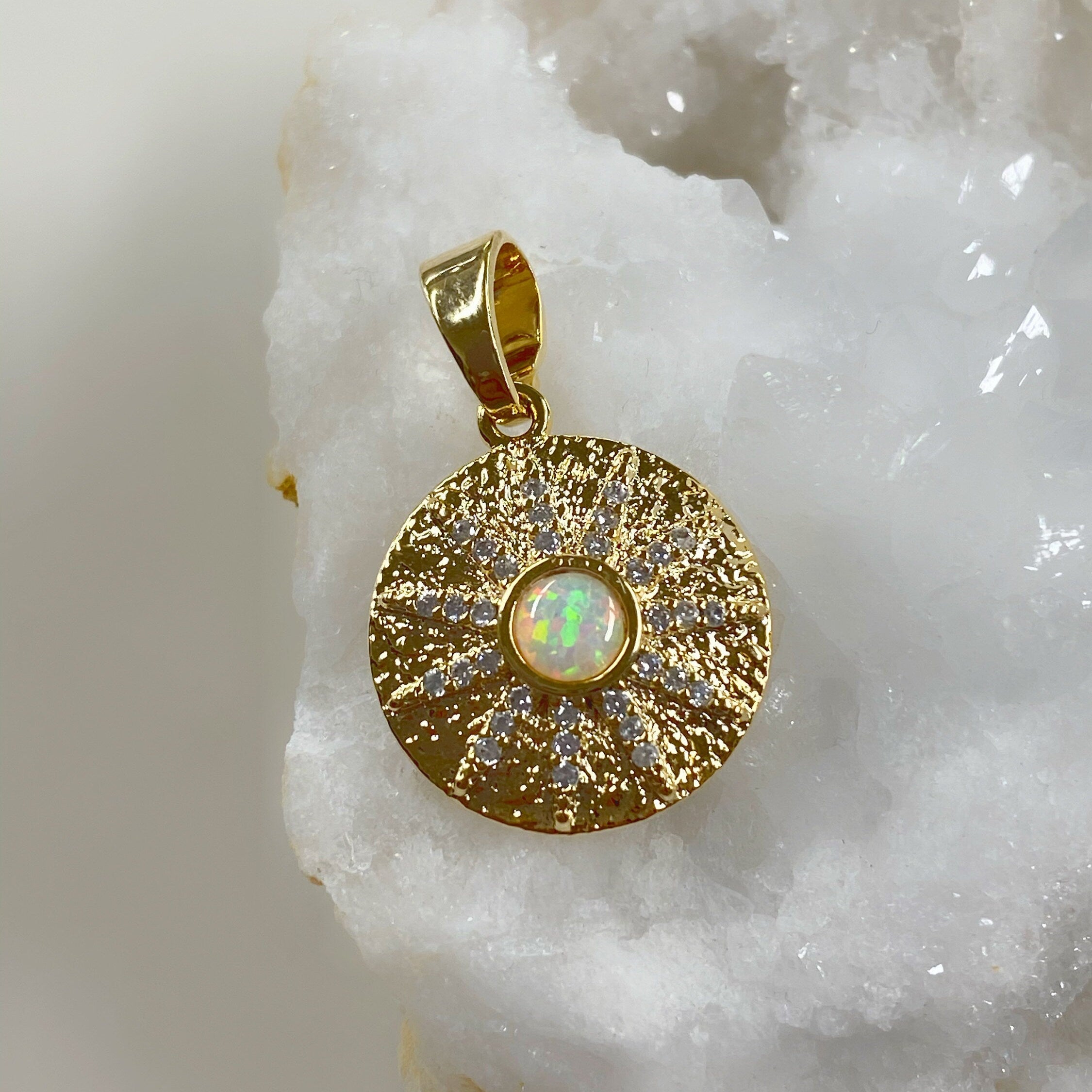 Gold Plated 10 Point CZ Pave Charm Lab Created Opal Drop CZ Sun