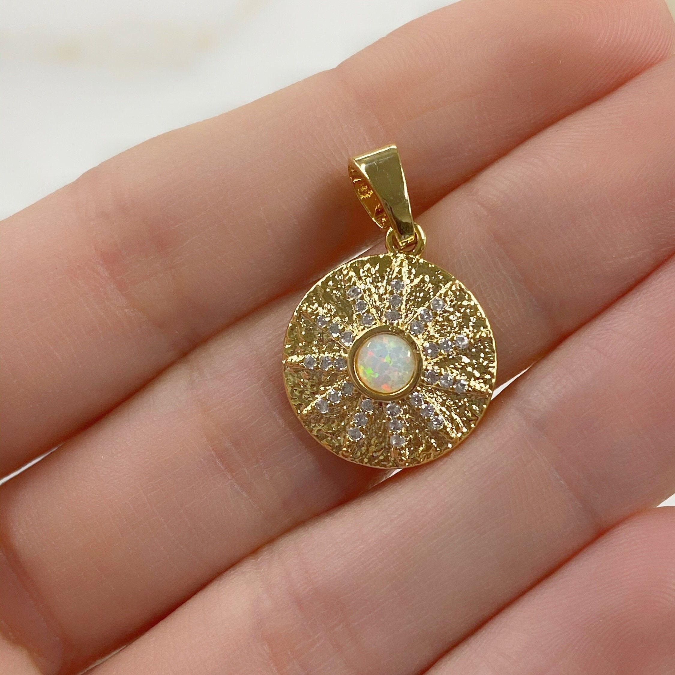 Gold Plated 10 Point CZ Pave Charm Lab Created Opal Drop CZ Sun