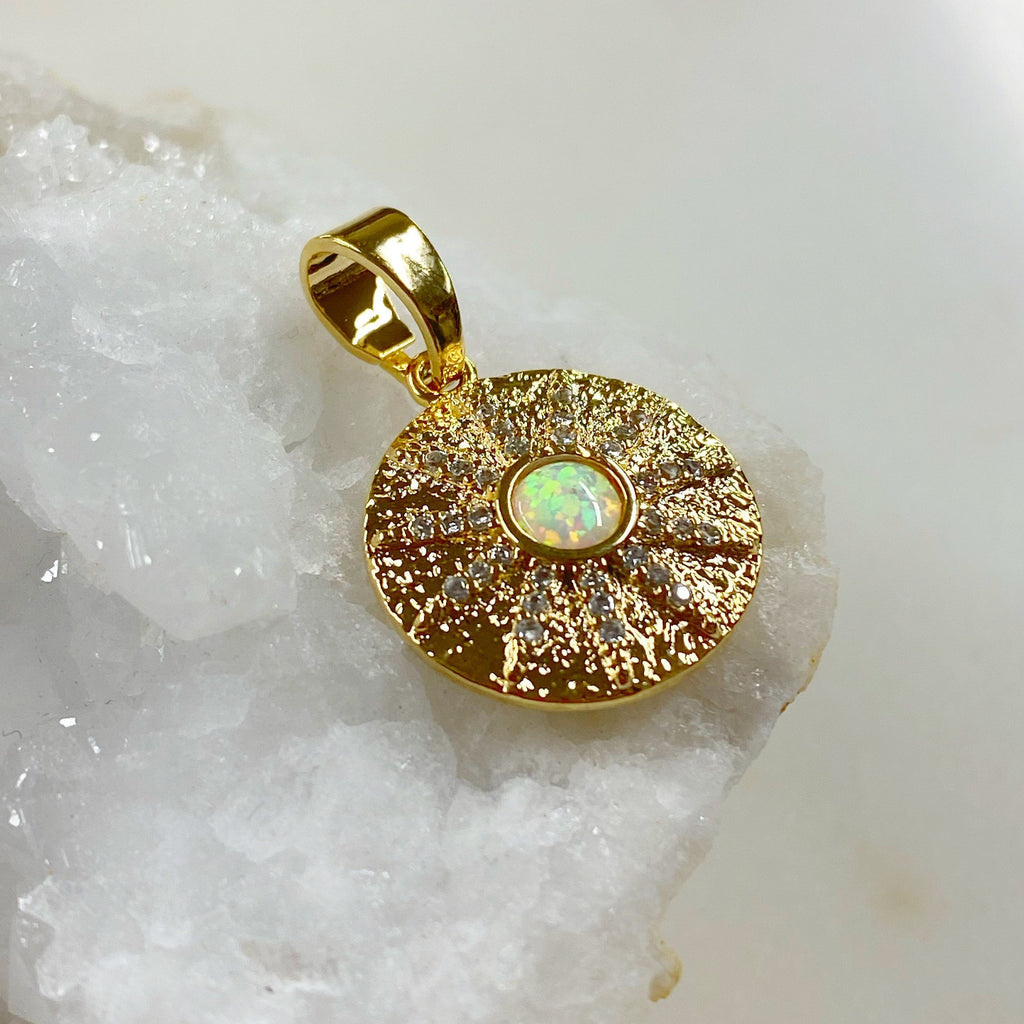 Gold Plated 10 Point CZ Pave Charm Lab Created Opal Drop CZ Sun