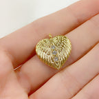 Gold Plated Angel Wing CZ Pave Heart Charm Textured Concaved Heart – Gold