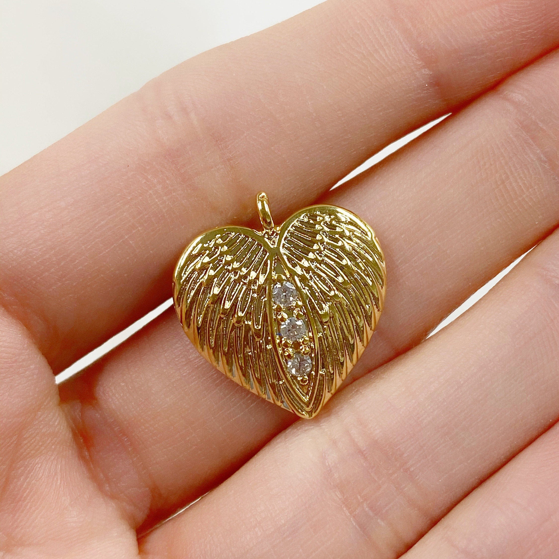 Gold Plated Angel Wing CZ Pave Heart Charm Textured Concaved Heart
