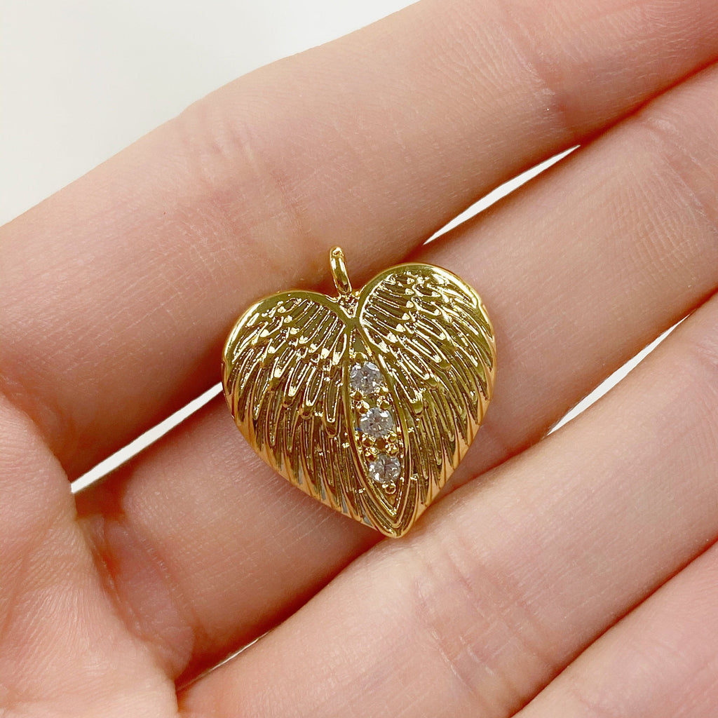 Gold Plated Angel Wing CZ Pave Heart Charm Textured Concaved Heart – Gold