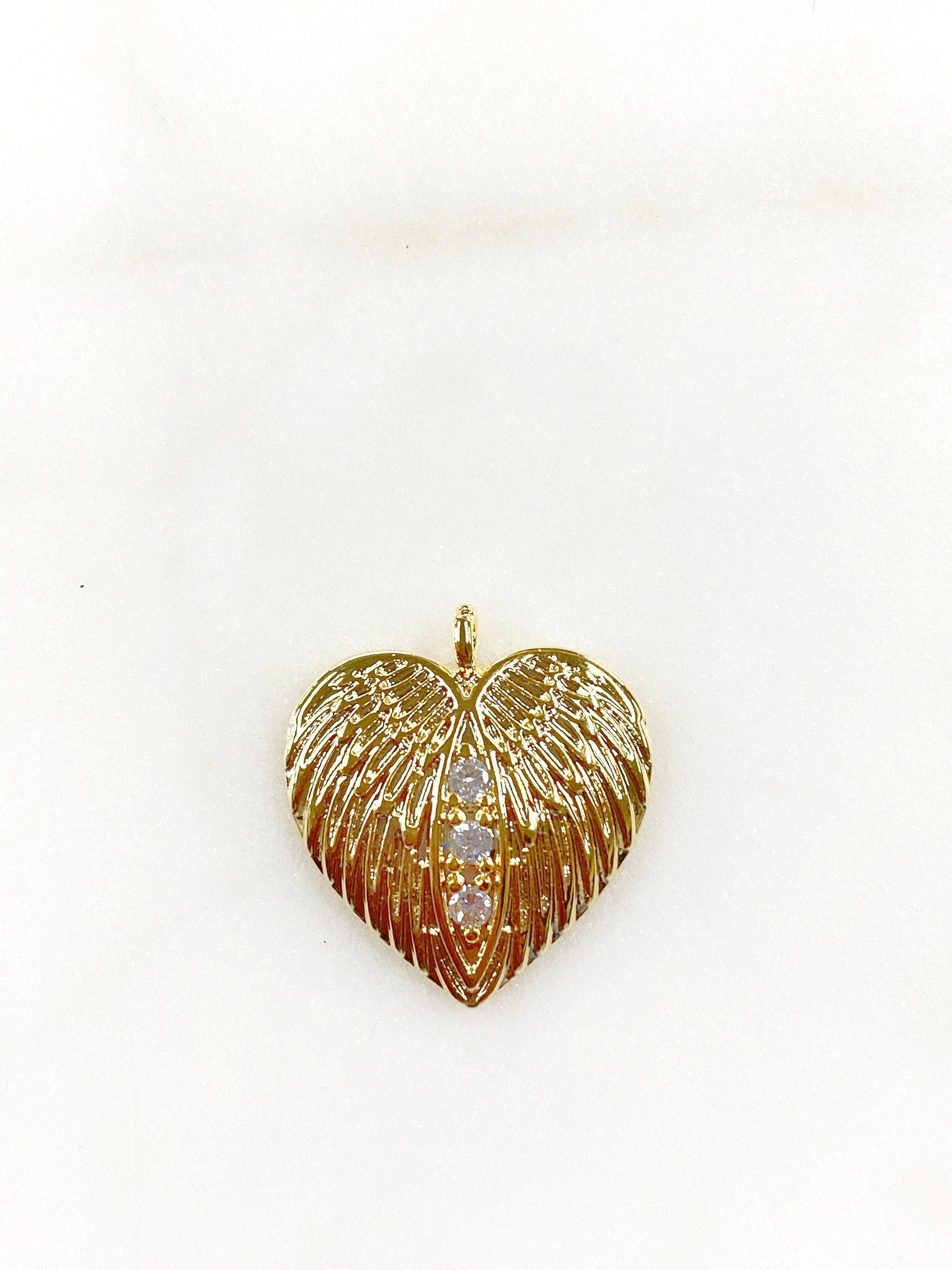 Gold Plated Angel Wing CZ Pave Heart Charm Textured Concaved Heart