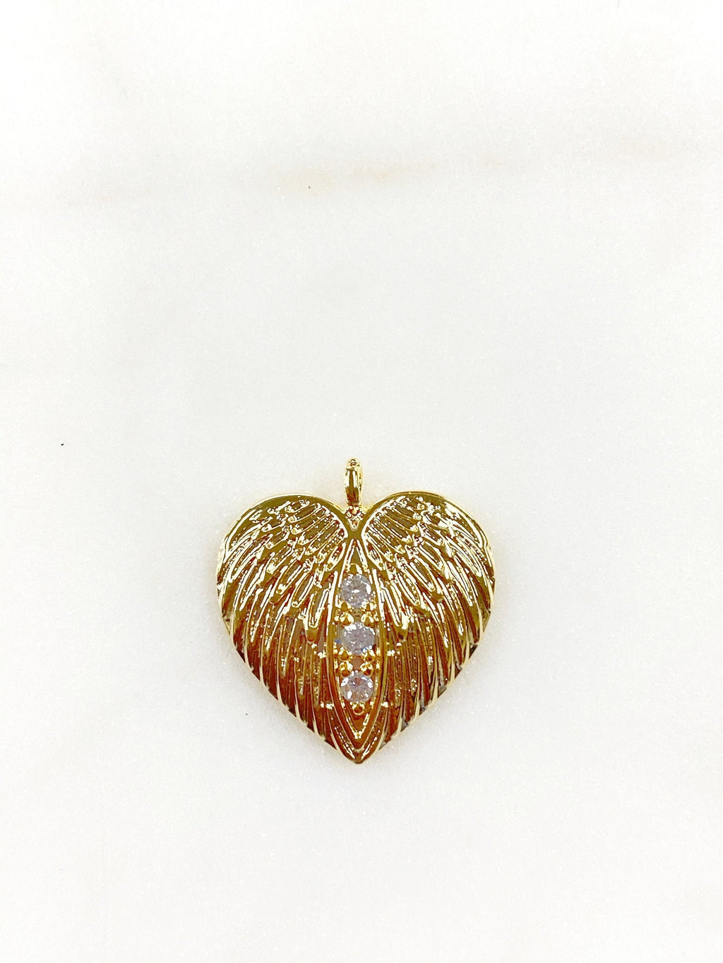 Gold Plated Angel Wing CZ Pave Heart Charm Textured Concaved Heart – Gold