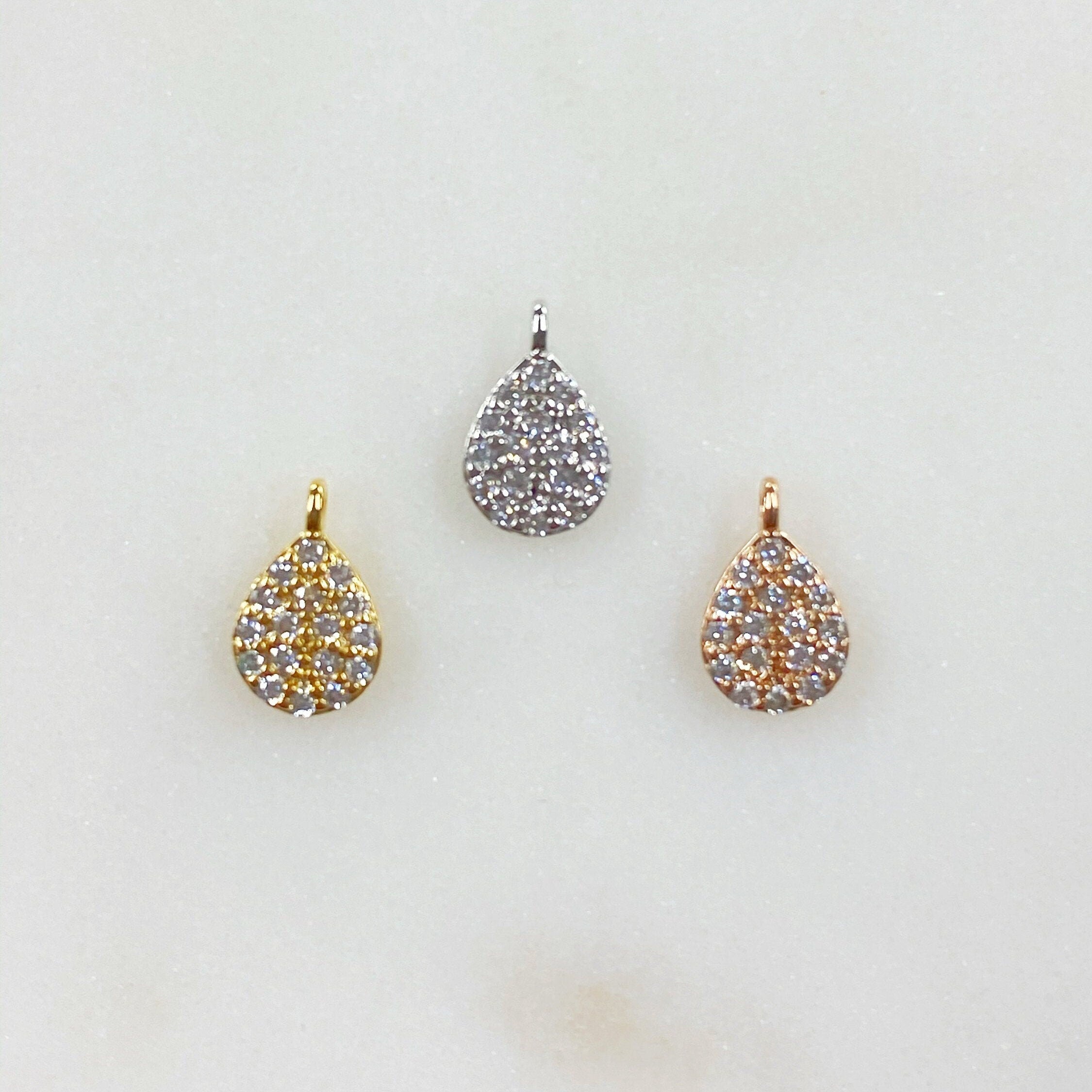 Rhodium Plated Teeny Tiny CZ Oval Drop Charm Gold Silver Rose Gold