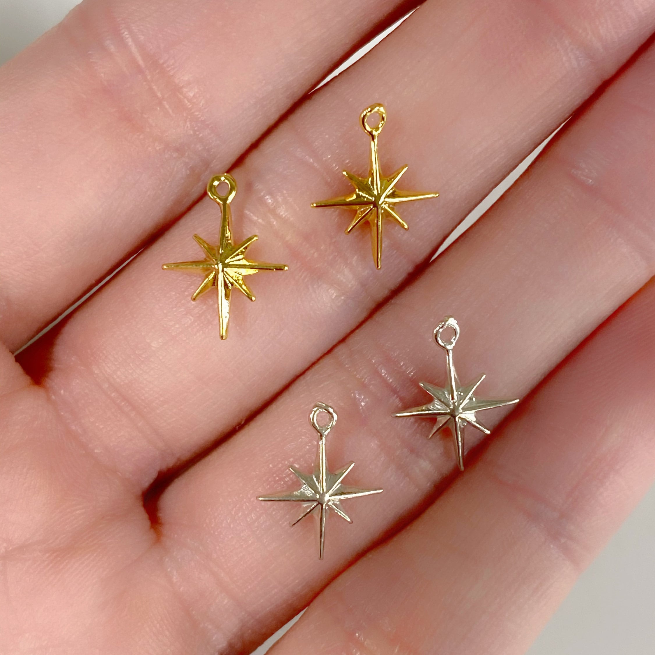 Sterling Silver or Vermeil Small Tiny 8 Point Star Charm Dainty (2pc)