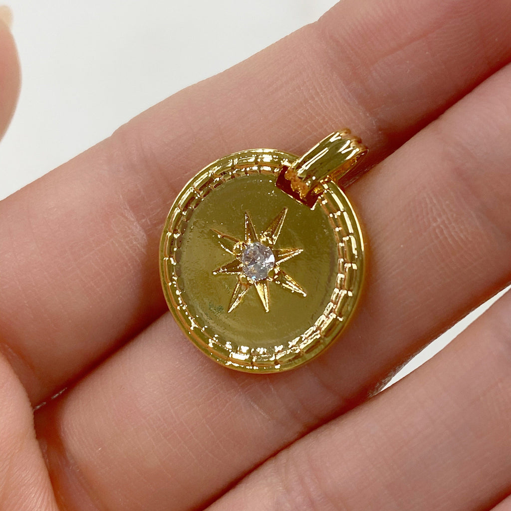 Gold Plated 8 Point Starry Coin Charm 16K Celestial Coin Pendant