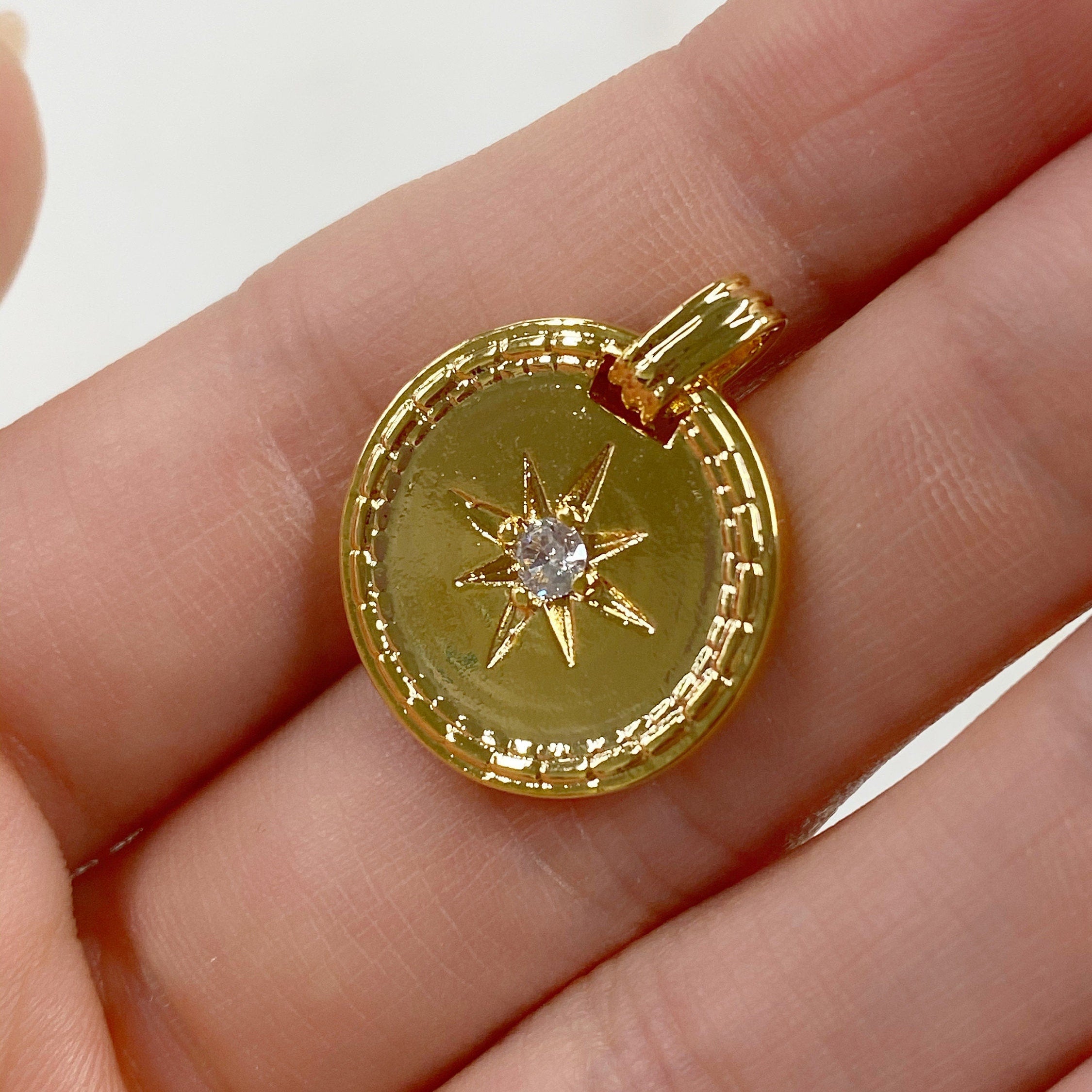 Gold Plated 8 Point Starry Coin Charm 16K Celestial Coin Pendant