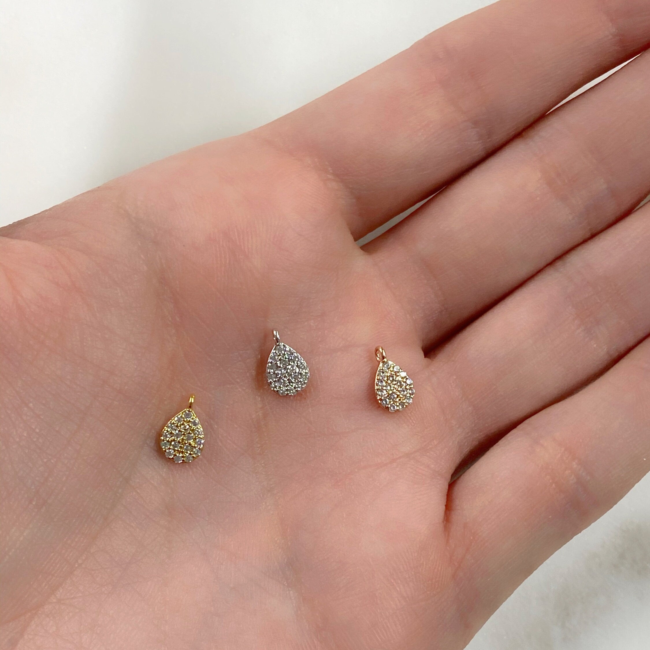 Rhodium Plated Teeny Tiny CZ Oval Drop Charm Gold Silver Rose Gold