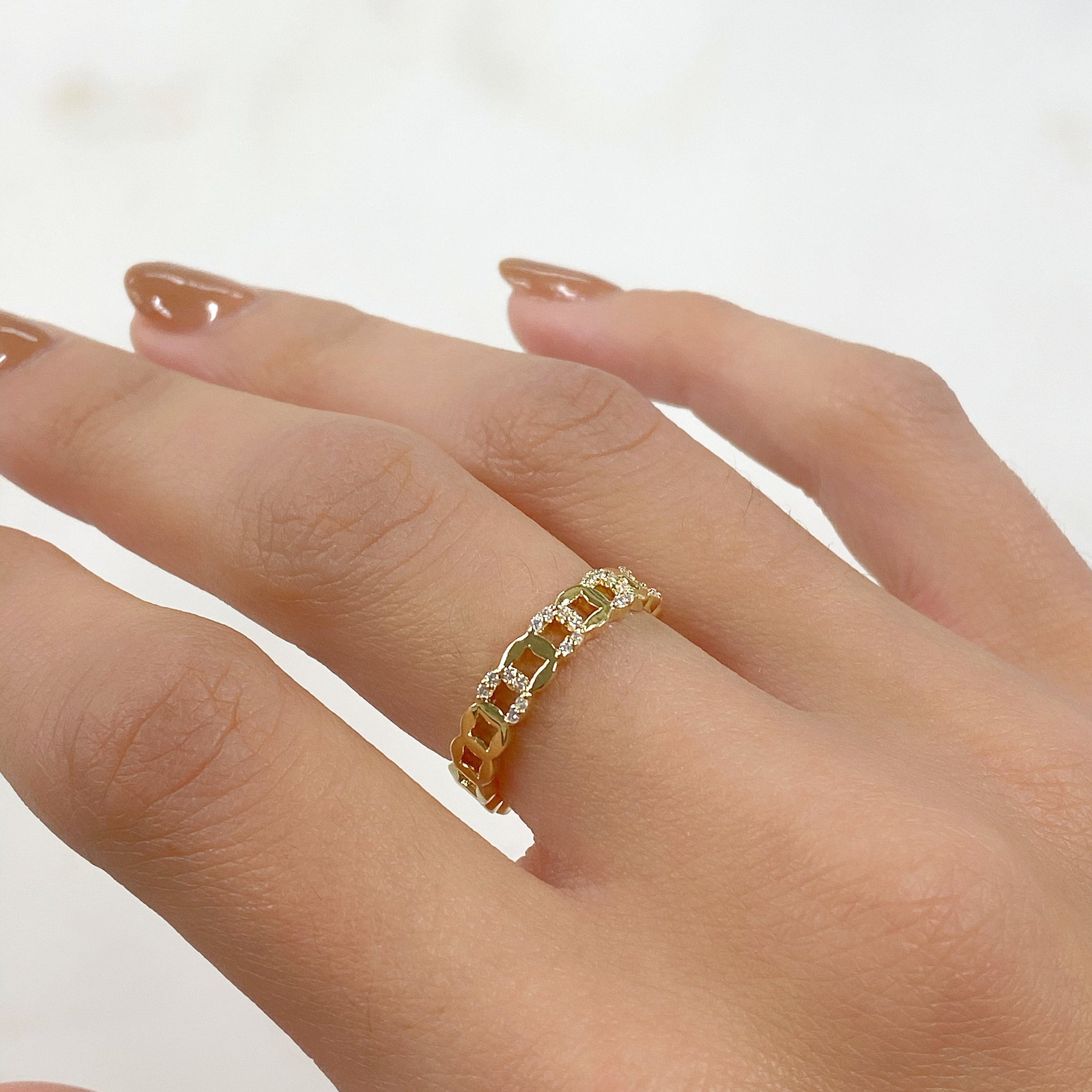 Gold Plated Adjustable Chain Link Style Ring CZ Stackable Ring